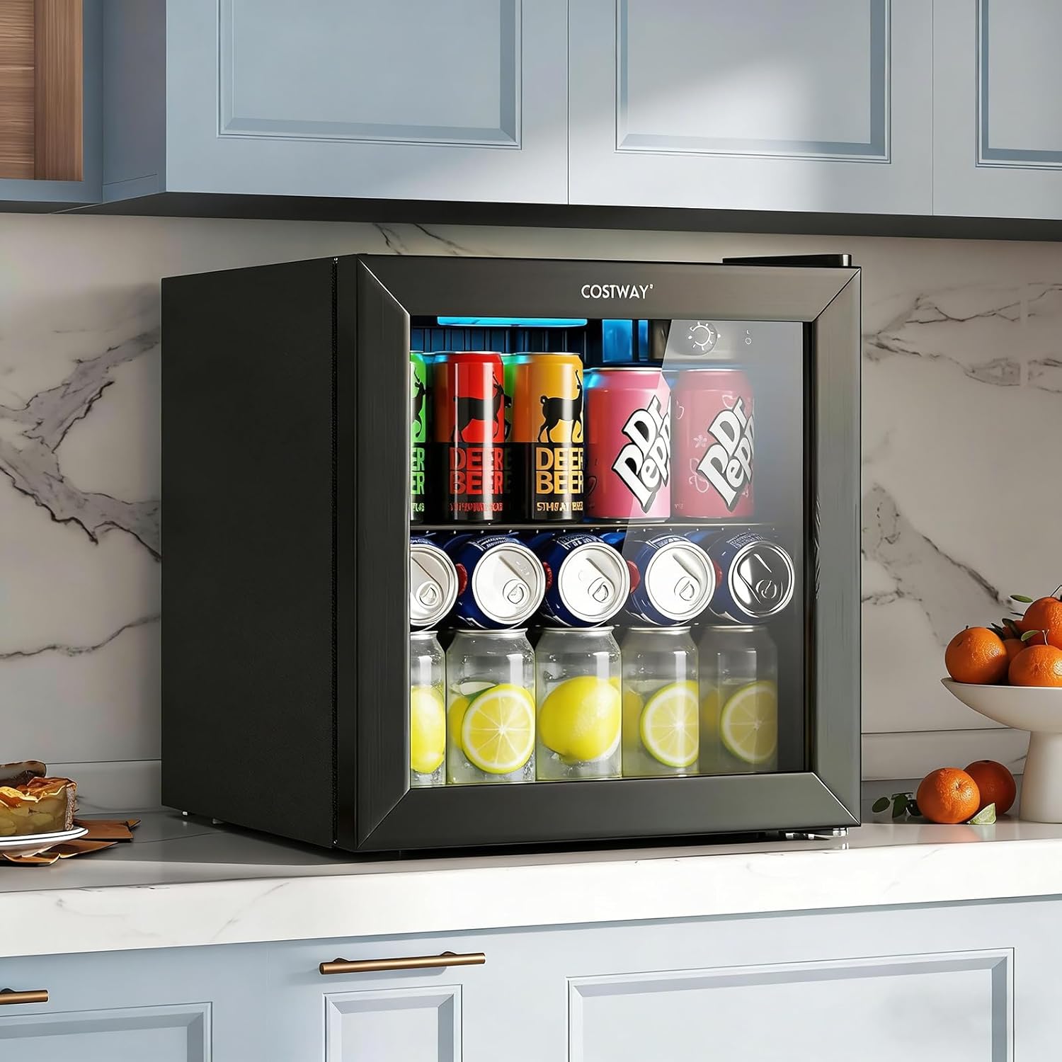 COSTWAY Beverage Refrigerator Cooler, 1.3 Cu. Ft. 12 Bottles 55 Cans Mini Fridge with Tempered Glass Door, Removable Shelf & Adjustable Temperatures, Compact Drink Cooler for Wine, Beer & Soda