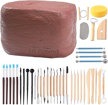 ReArt Natural Air-Dry Clay, Pottery Clay10LBs with 40 Pcs Pottery Tools Clay Sculpting Tool Set, All-Purpose Modeling Clay Terra Cotta