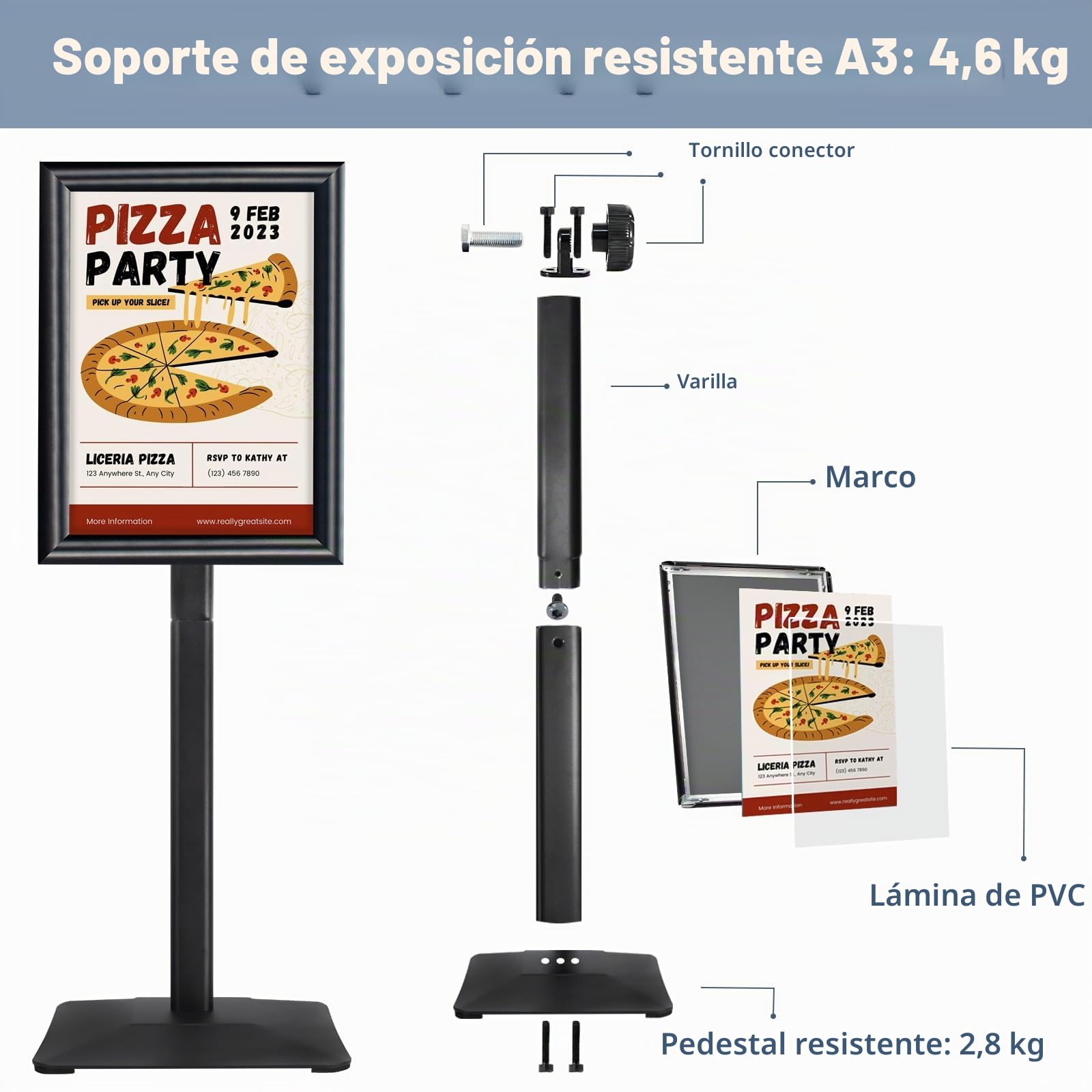 A3 Soporte de exhibición Soporte de letrero de alta resistencia Soporte de letrero de piso, soporte de cartel Pedestal Letreros de pie para anuncios, menú, aviso, fiestas (negro)