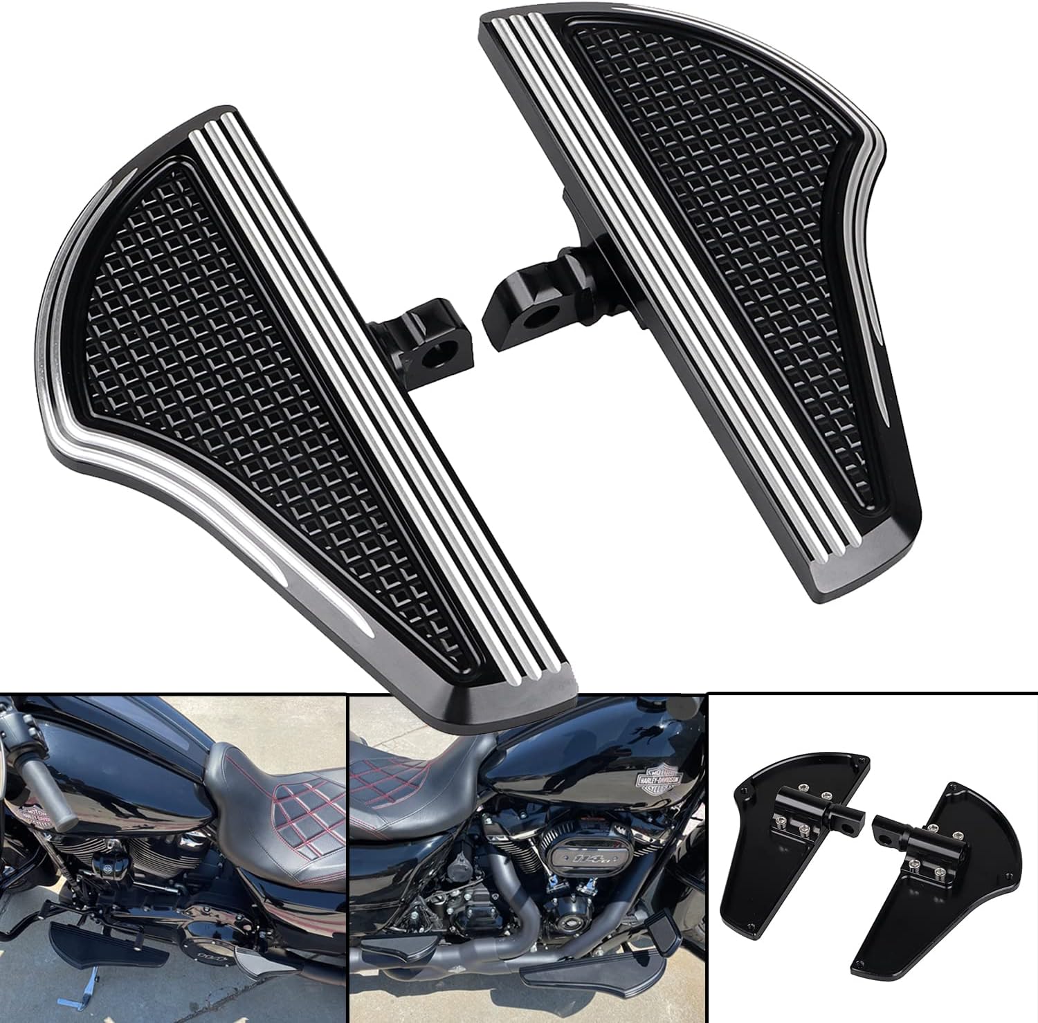 CNC Defiance Rear Passenger Floorboards Footboard Male Mount Foot Pegs For Harley Touring FLHX Dyna Sportster Softail, Black Cut