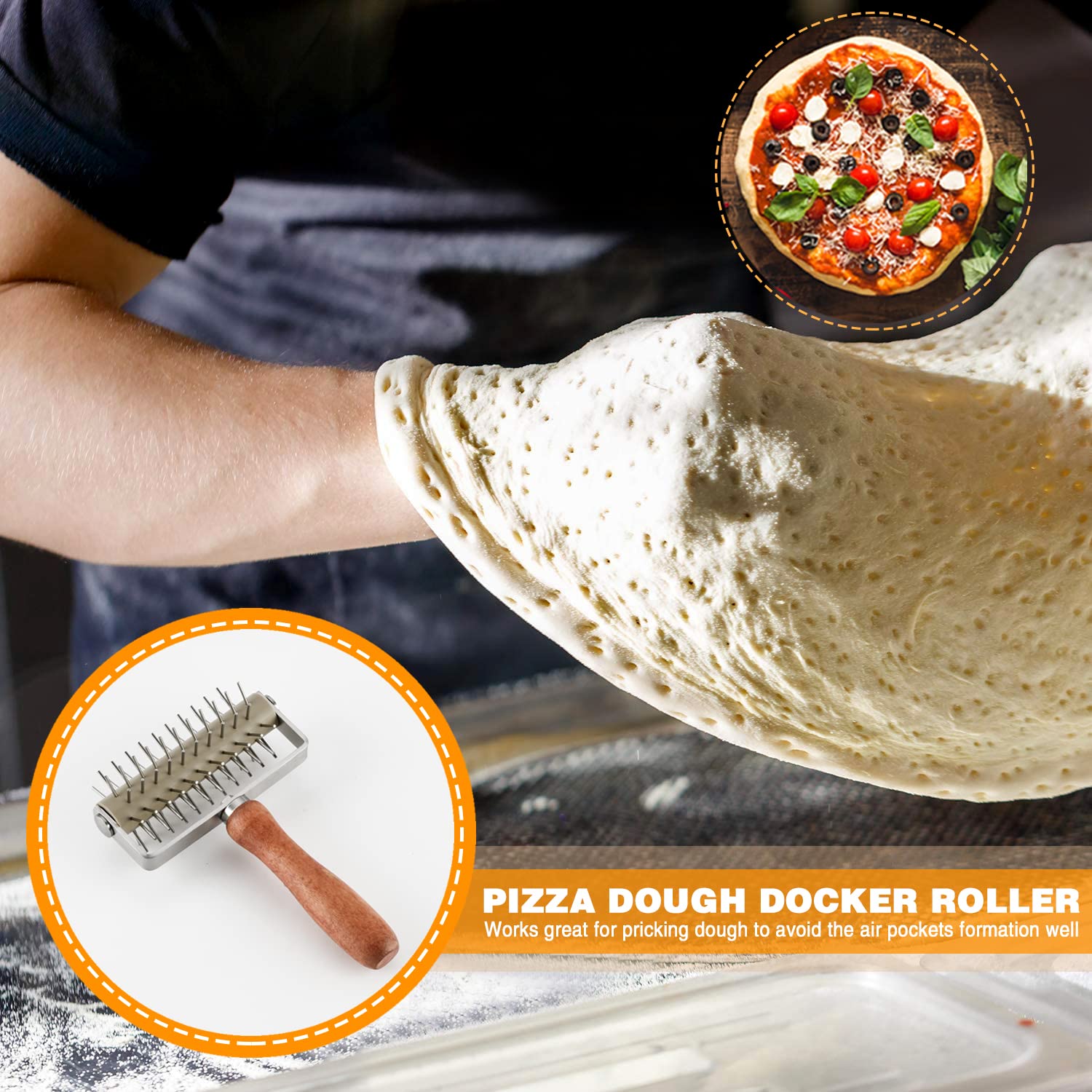 Stainless Steel Dough Docker with Wood Handle, Time-Saver Pizza Roller Docker, Bread Pin Puncher, Pizza Wheel for Pie Pastry - Image 2