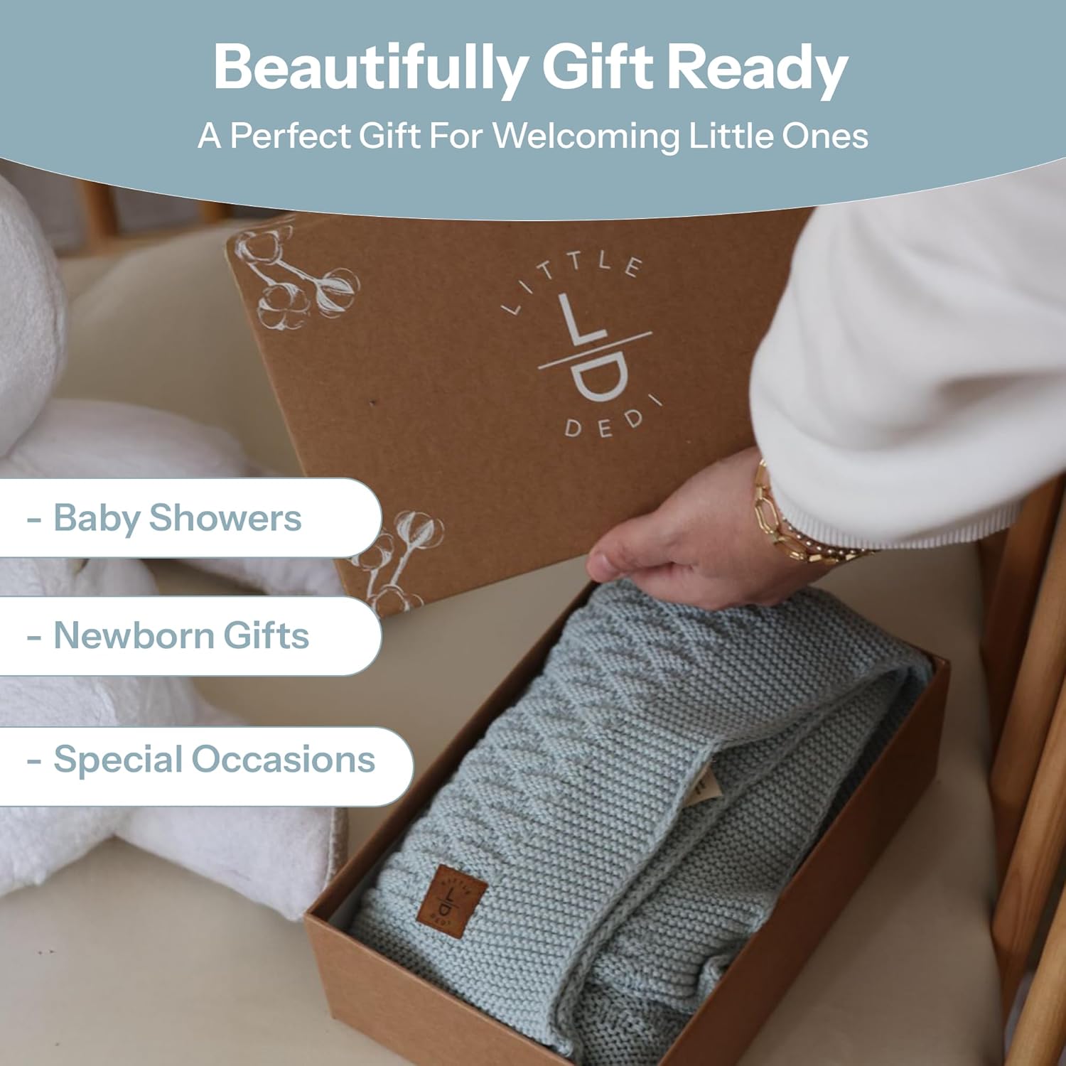 100% Organic Cotton Baby Knitted Blanket with Gift Box - Soft Toddler, Crib, Stroller Blanket - Neutral Swaddle and Receiving Blanket for Newborns, 30"x40", Baby Blue