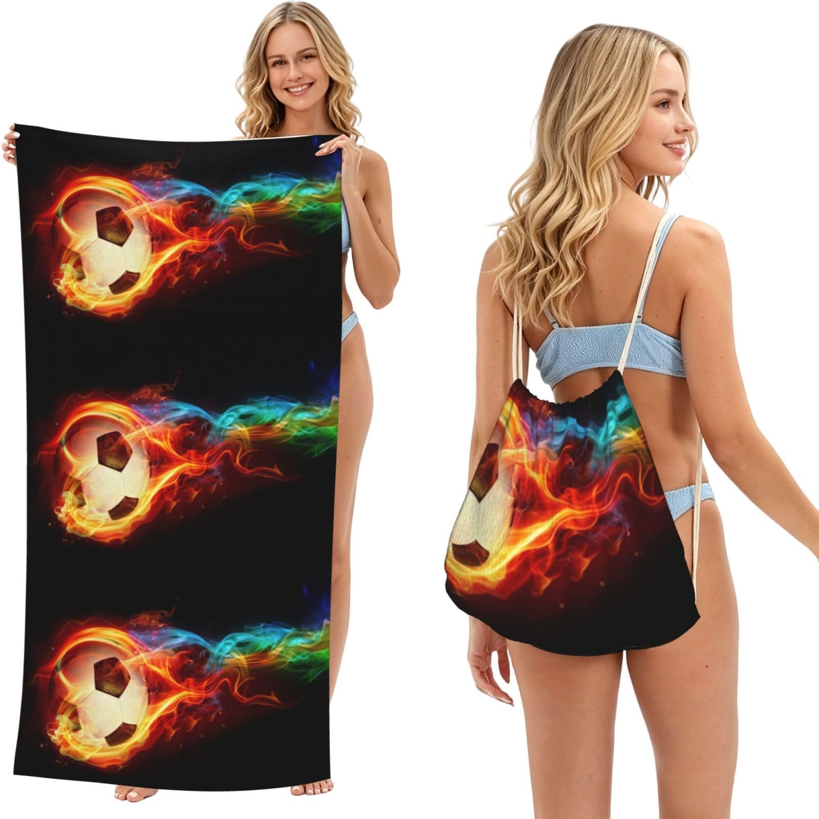 Poadnly As Picture Soccer Pattern (2), 2 In 1 Packable Towel Bag, Beach Towels With Drawstring Backpack For Travel Holiday Camping
