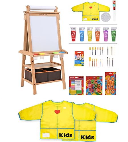MEEDEN Caballete de arte para niños, madera de haya maciza con pizarra de pie de doble cara y pizarra blanca, 1 rollo de papel, 2 cestas de