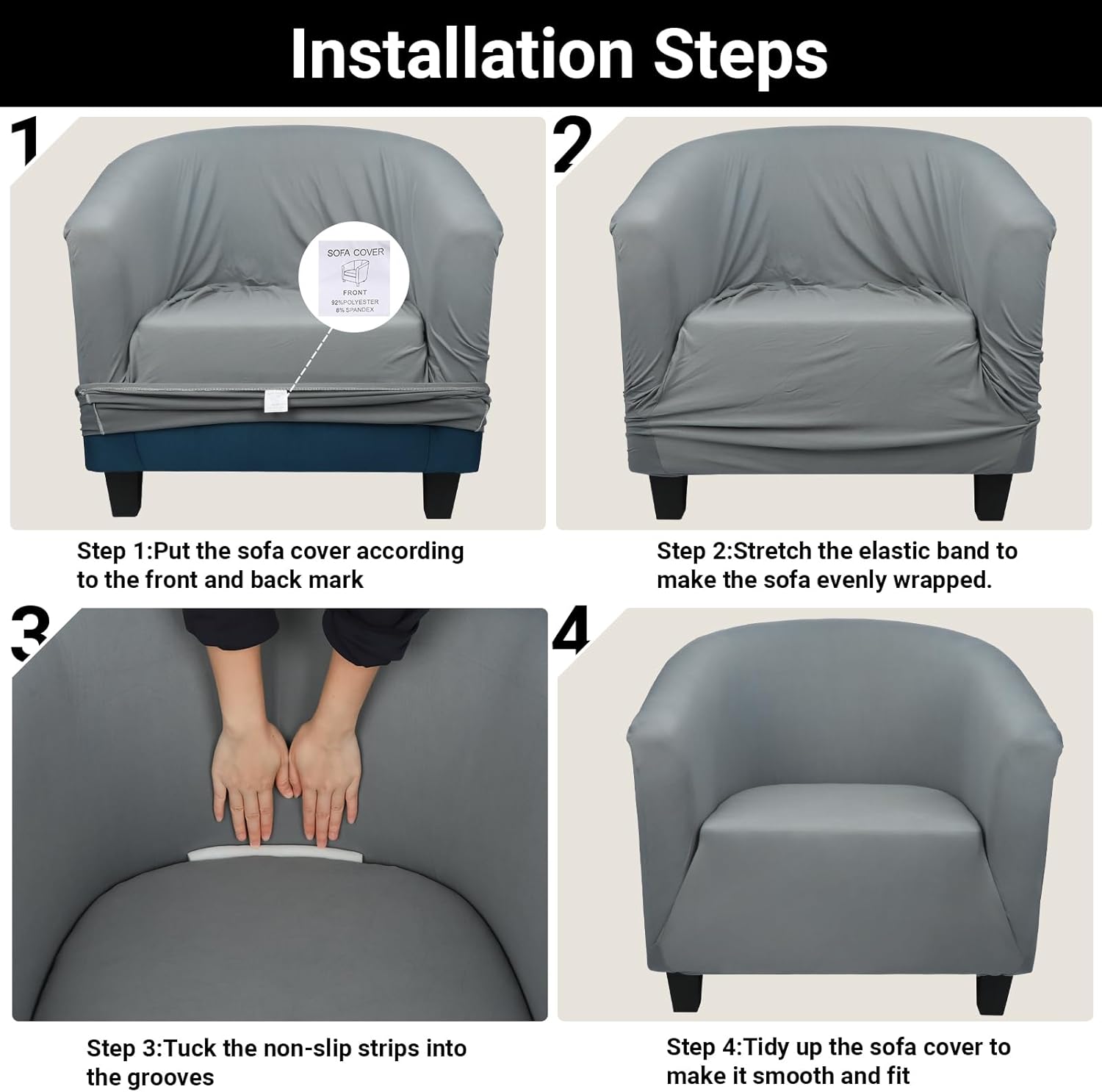Club Chair Slipcover for Living Room, 1 Piece Dark Gray Stretch Slipcover with Arms, Barrel Chair Slipcover Covers Soft Armchair Sofa Cover Removable Couch Furniture Protector