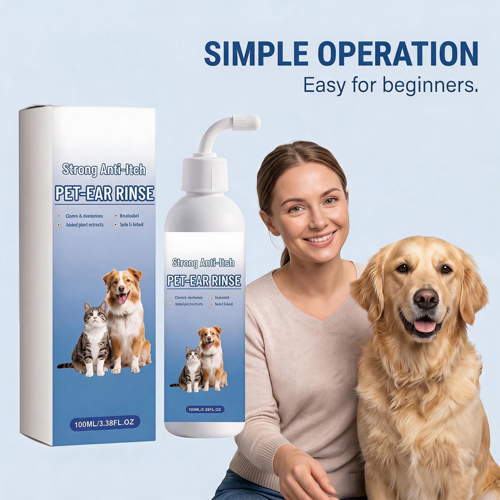 Solution nettoyante auriculaire 100 ml pour chien et chat, anti-odeurs | Embout coudé et cotons-tiges inclus,pour une application précise lors de l’entretien régulier des oreilles de chiens et chats