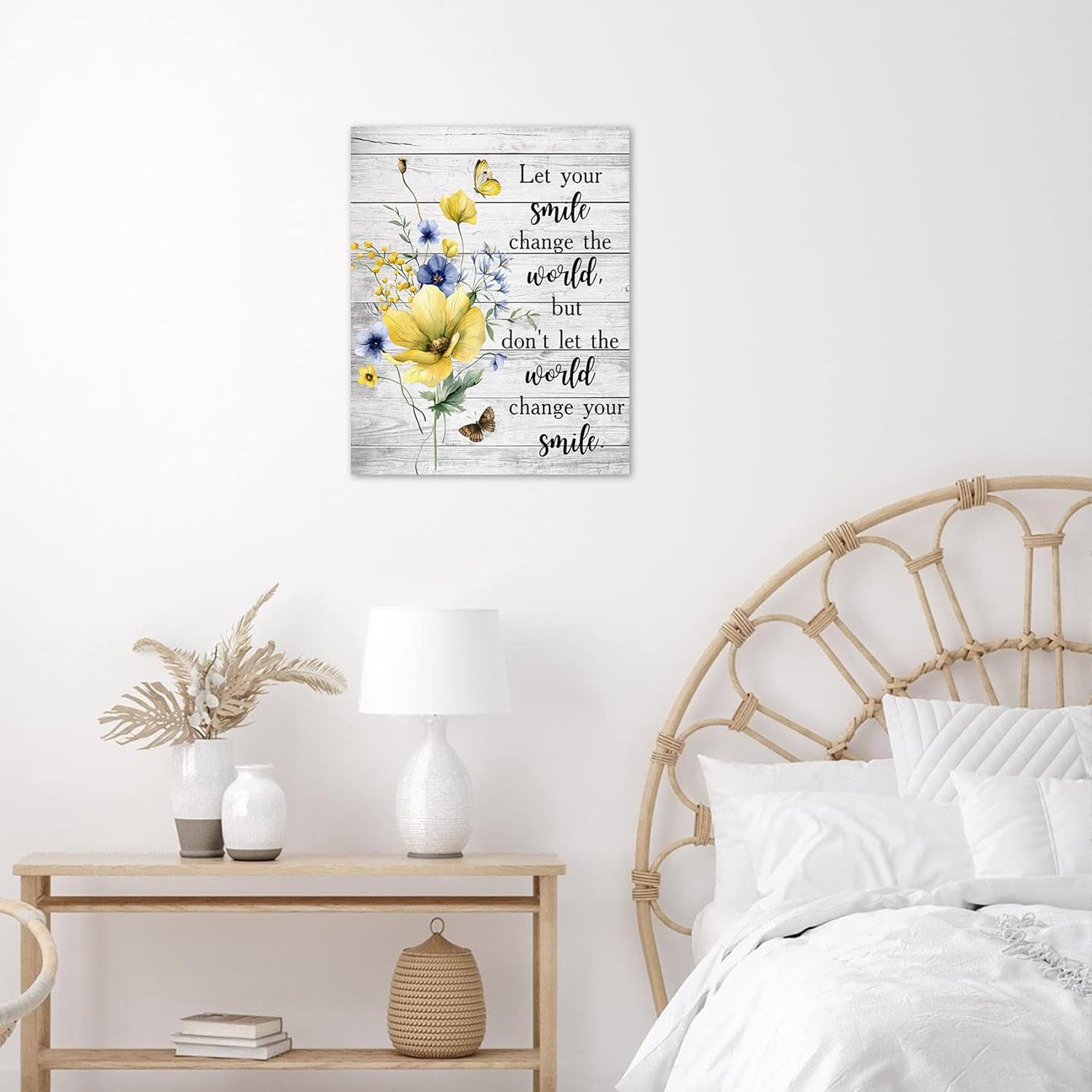 LB Blue and Yellow Floral Wall Art- Grey Farmhouse Bathroom Decor- Funny Inspirational Rustic Flower Aesthetic Butterfly Framed Canvas Prints for Living Room Kitchen Bedroom Office,16x20 inches