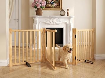 Wooden Freestanding Dog Gate Indoor with Door, 23" H 3 Panels | No-Painted Foldable Pet Gate Walk Through, Folding Portable Puppy Fence For Stairs, Doorways, Hallways