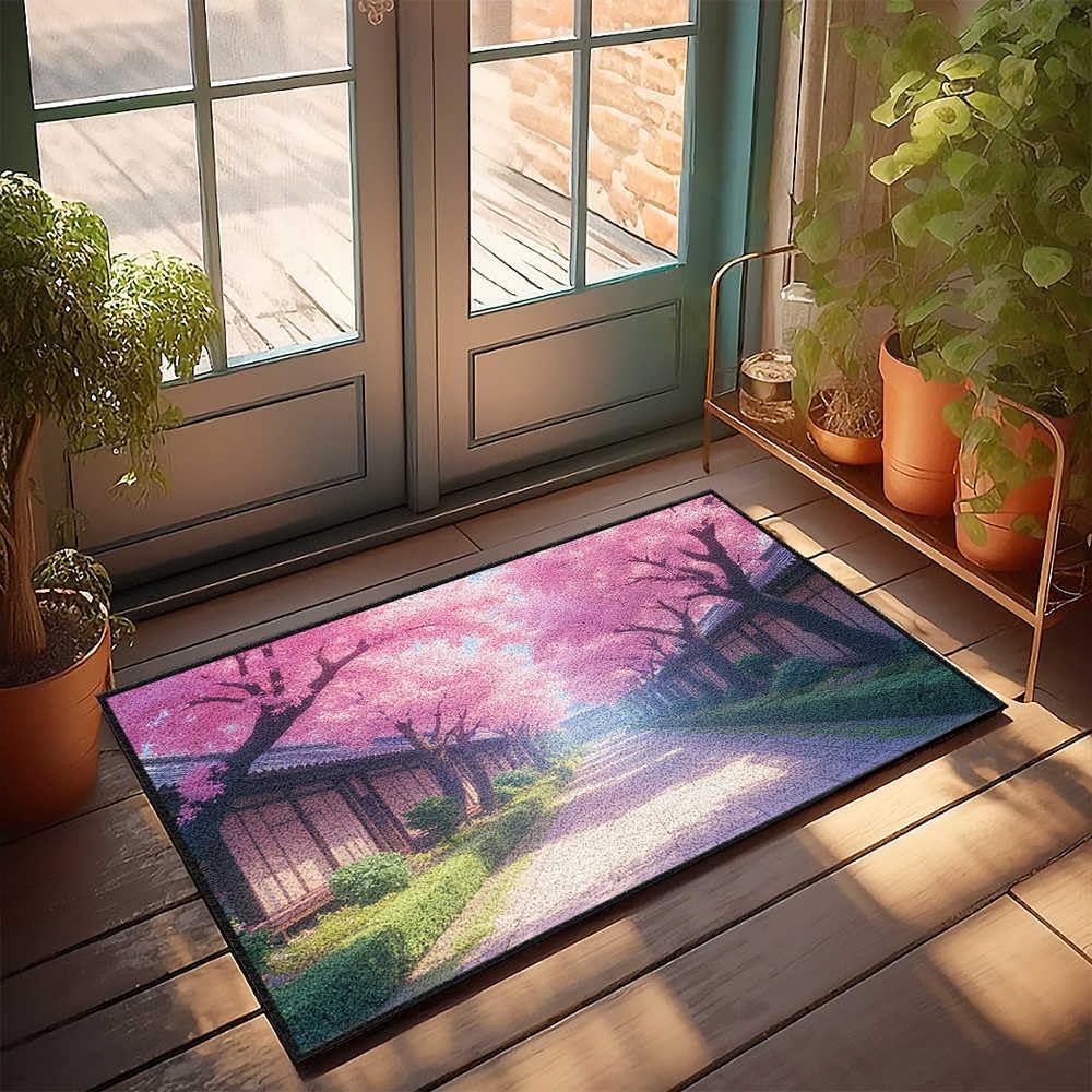 Farmhouse Bath Mat Sakura Trees in Bloom Along The Pathway Doormat Spring Outdoor Mat Outdoor Runner Rug(65X90CM)