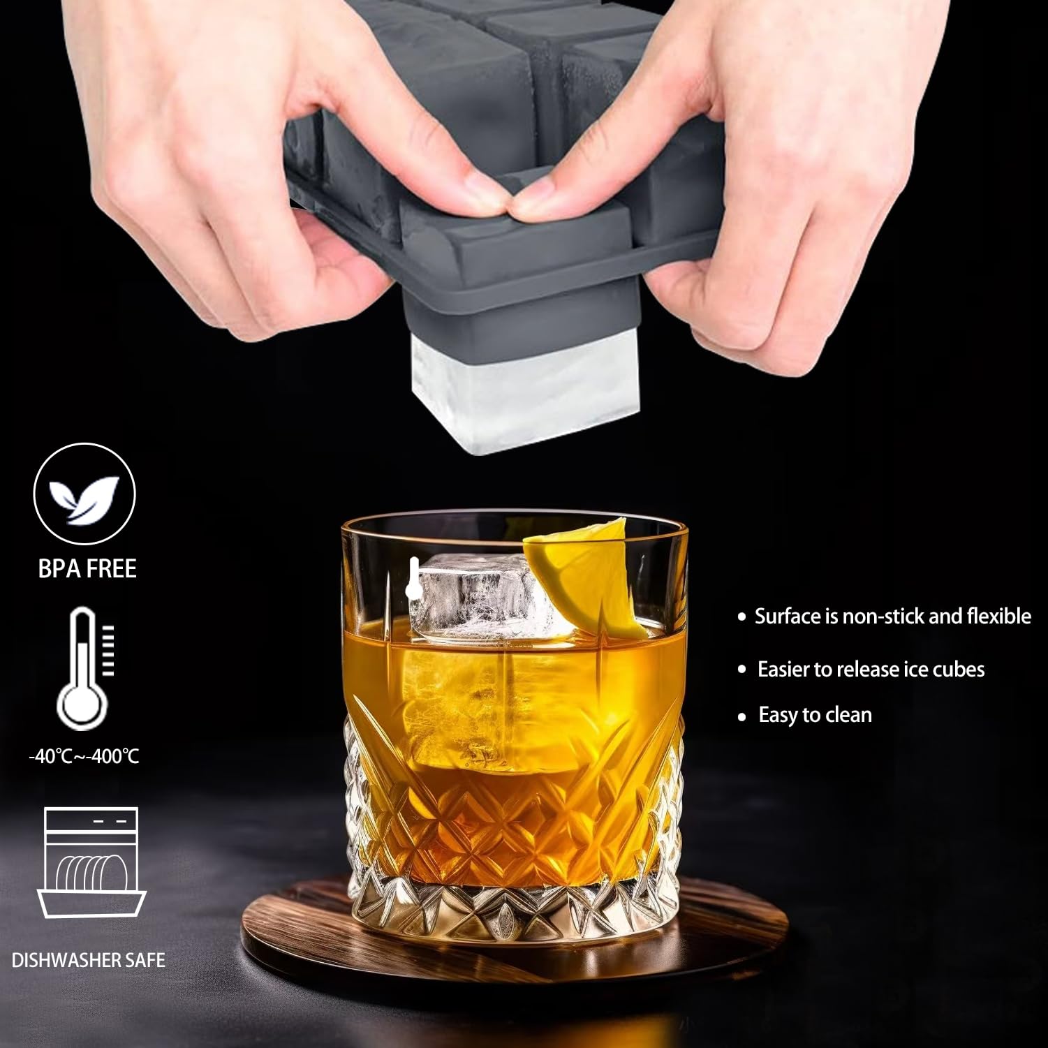 Bandeja grande para cubitos de hielo para whisky: rejilla de hielo cuadrada grande de 2 pulgadas, bandejas de hielo de silicona grandes, paquete de 2 bandejas de cubitos de hielo antiguas de silicona,