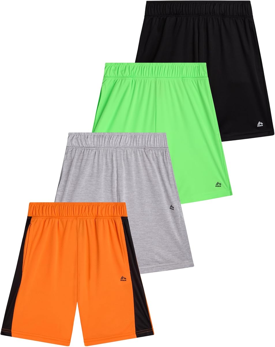 RBX Paquete de 4 pantalones cortos de gimnasio de malla para niños, baloncesto, entrenamiento, correr, niños jóvenes | Sensación de ligereza con una cintura elástica fácil de poner, tela que absorbe la humedad, se combina con camisetas o sudaderas con capucha