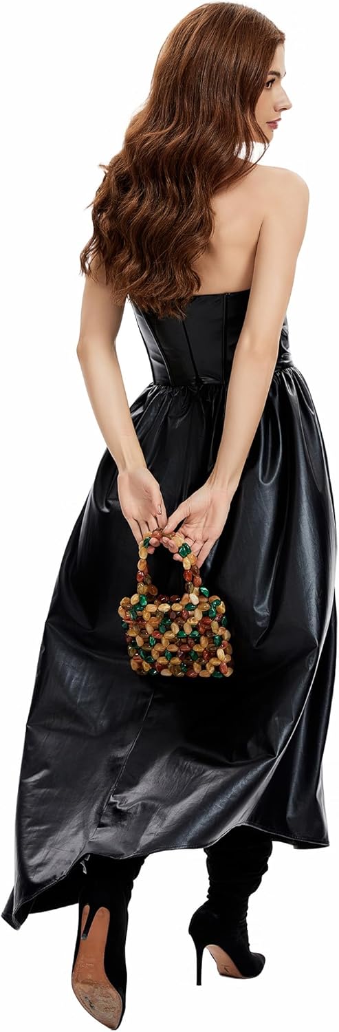 Miuco Women Multicolor Stone look Acrylic Beaded Handbag Handmade Woven Tote Bag Vintage Boho Beach Clutch for Wedding Party - Image 7