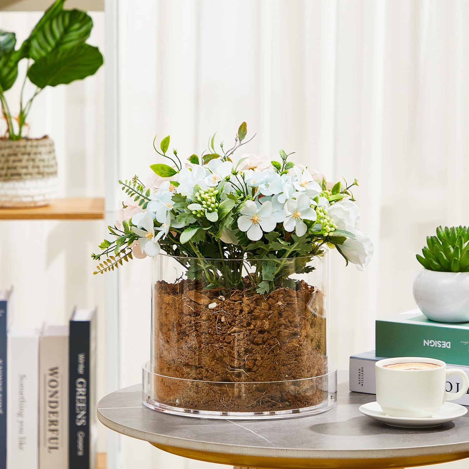 Clear Plant Nursery Pots Acrylic Orchid Pots with Drainage Holes and Tray Transparent Planter for Indoor Plants, Succulents, Herb, Flowers and Cactus Decorative(8 Inches,Circle)