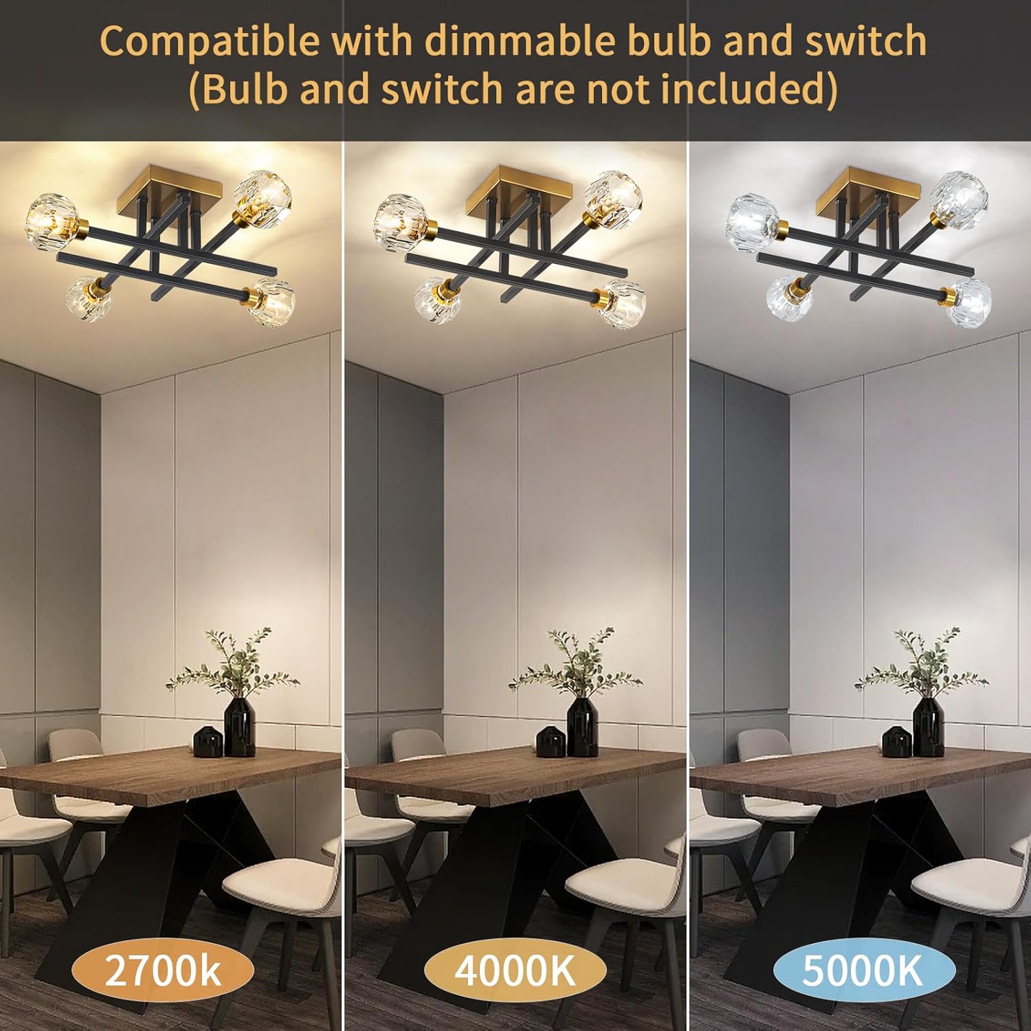 Modern Kitchen Lighting Fixtures Ceiling, 4 Light Semi Flush Mount Ceiling Light Fixture Industrial Black and Gold Chandelier for Bedroom Dining Room Living Room Kitchen Entryway Hallway