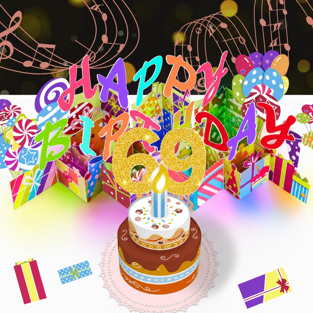 69th Pop-Up Musical Birthday Card, Blowable LED Candle for Women and Men
