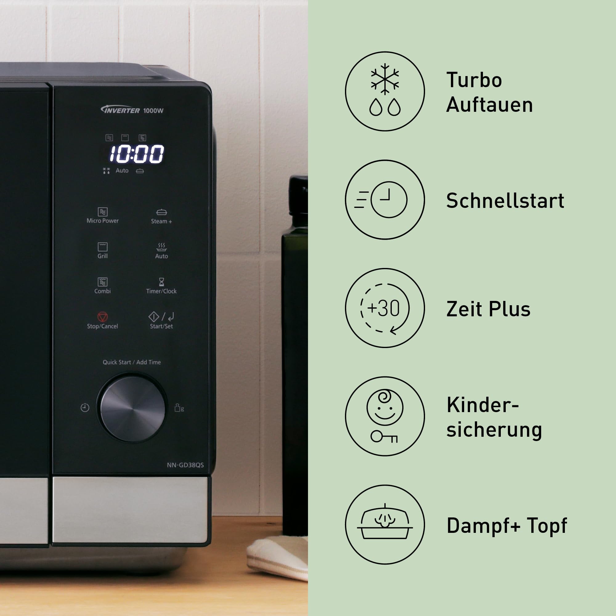 Panasonic NN-GD38QSEPG 29L Grill-Mikrowelle mit Steam+ Pot, 1000 W, automatisches Auftauen, Kombinationsgaren, Timer, Schwarz & Edelstahl