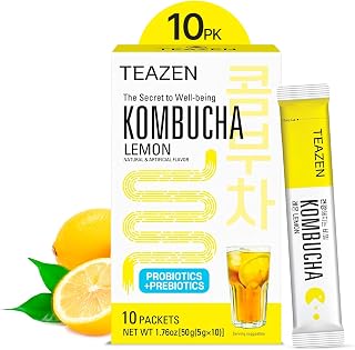 Teazen Kombucha Tea, Zero Sugar, Sparkling Fermented Powdered Mix Beverage from Korea, Live Probiotics & Prebiotics, 10 Sticks, 1.76oz (Lemon)