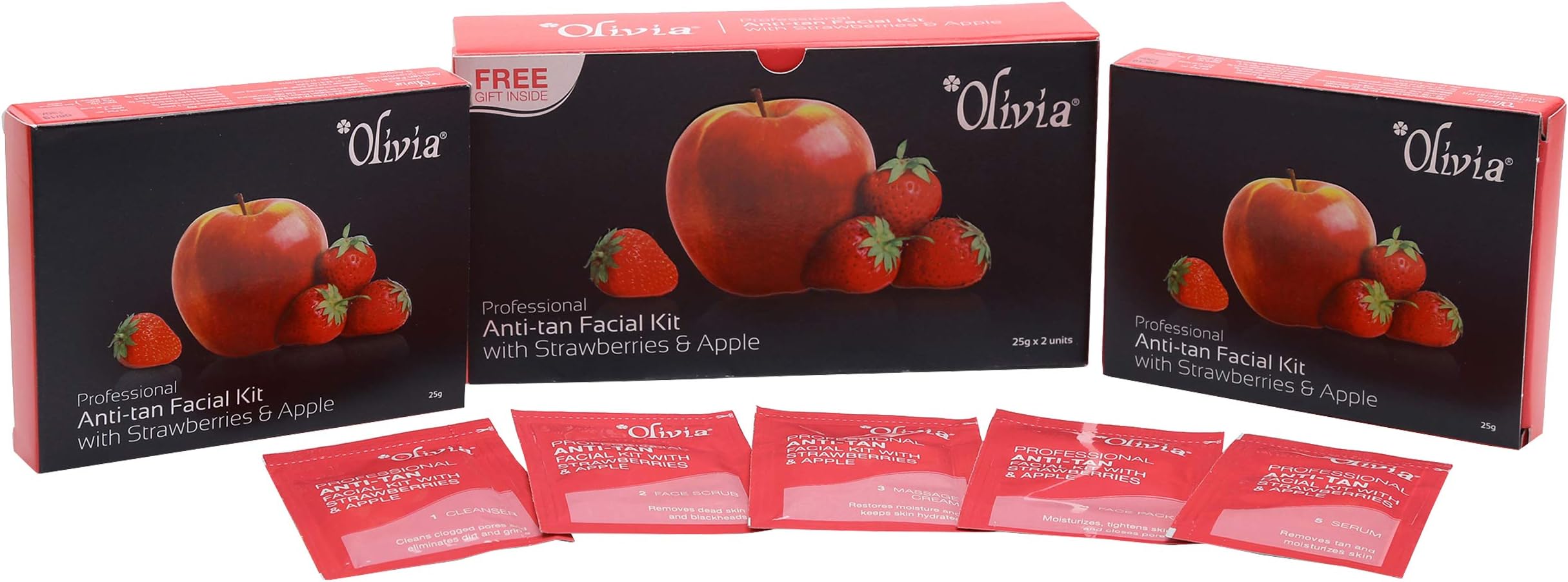 OliviaProfessional Anti-Tan Strawberry - Apple Facial Kit 50g Contains Cleanser|Face Scrub|Massage Cream|Face Pack|Serum