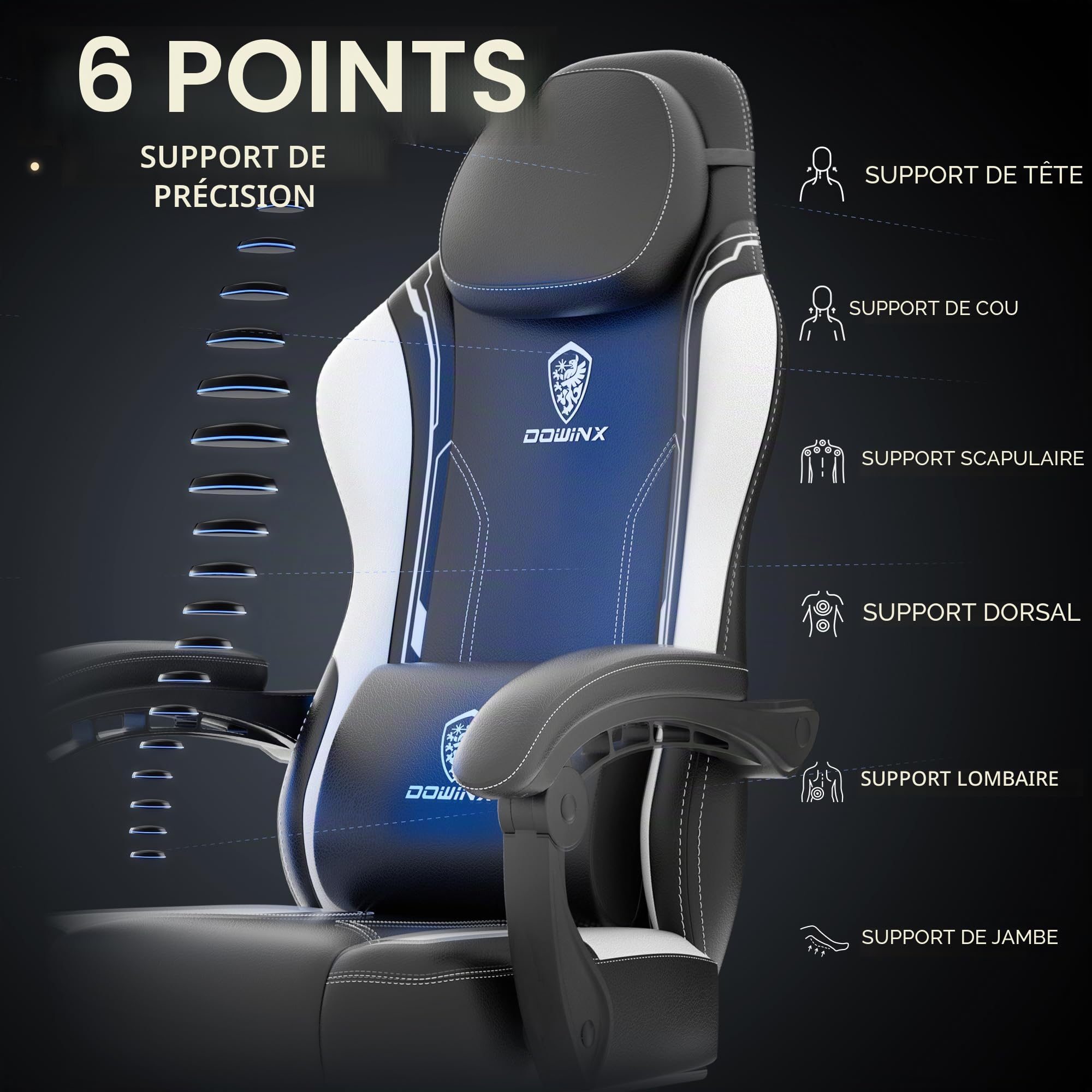 Dowinx Chaise de gamer, ergonomique, avec soutien lombaire, en cuir synthétique et polycarbonate, dossier élargi, charge maximale de 150 kg, blanche