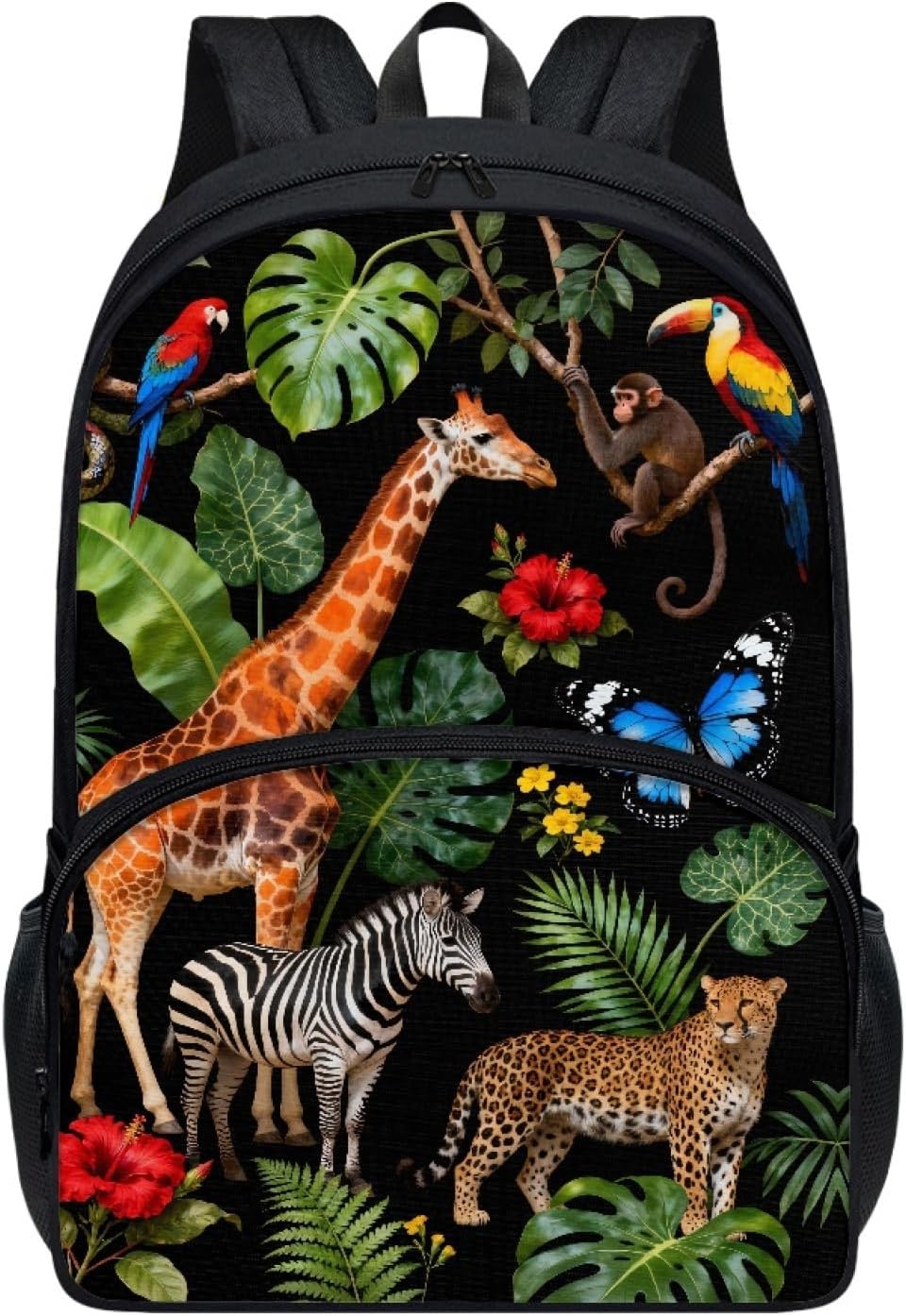 17" African Jungle Animals Backpack Teens Boys Girls Middle High Kawaii Giraffe Zebra Leopard School Bag Splashproof Lightweight Bird Monstera Leaves Bookbag