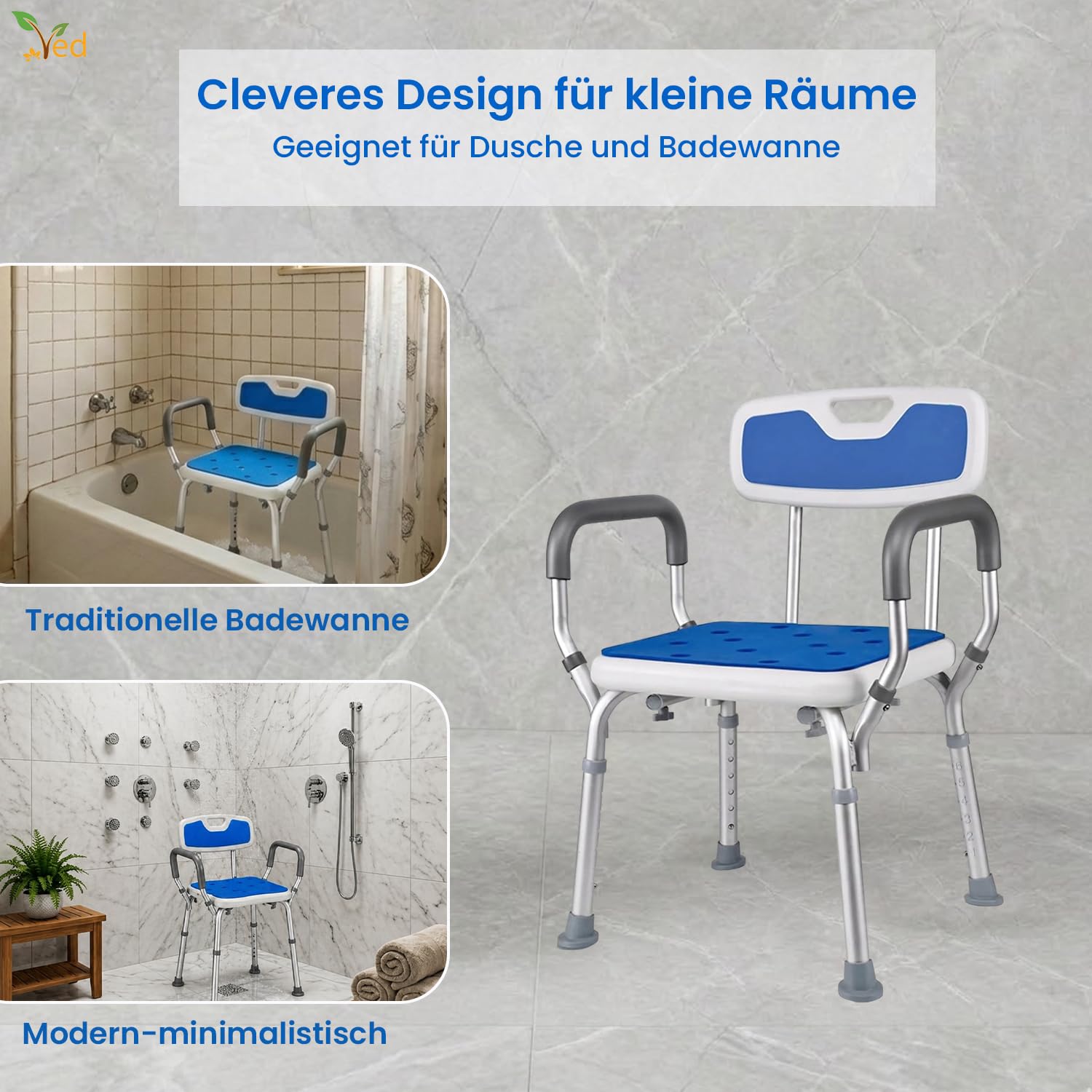 VED Duschstuhl | 6-Fach höhenverstellbare Duschbank | Inklusive gepolsterter Armlehne | rutschfeste Füße | Badewannenhocker für Senioren, Behinderte und Schwangere,(330 lb Capacity 43D x 12W x 50.6H)