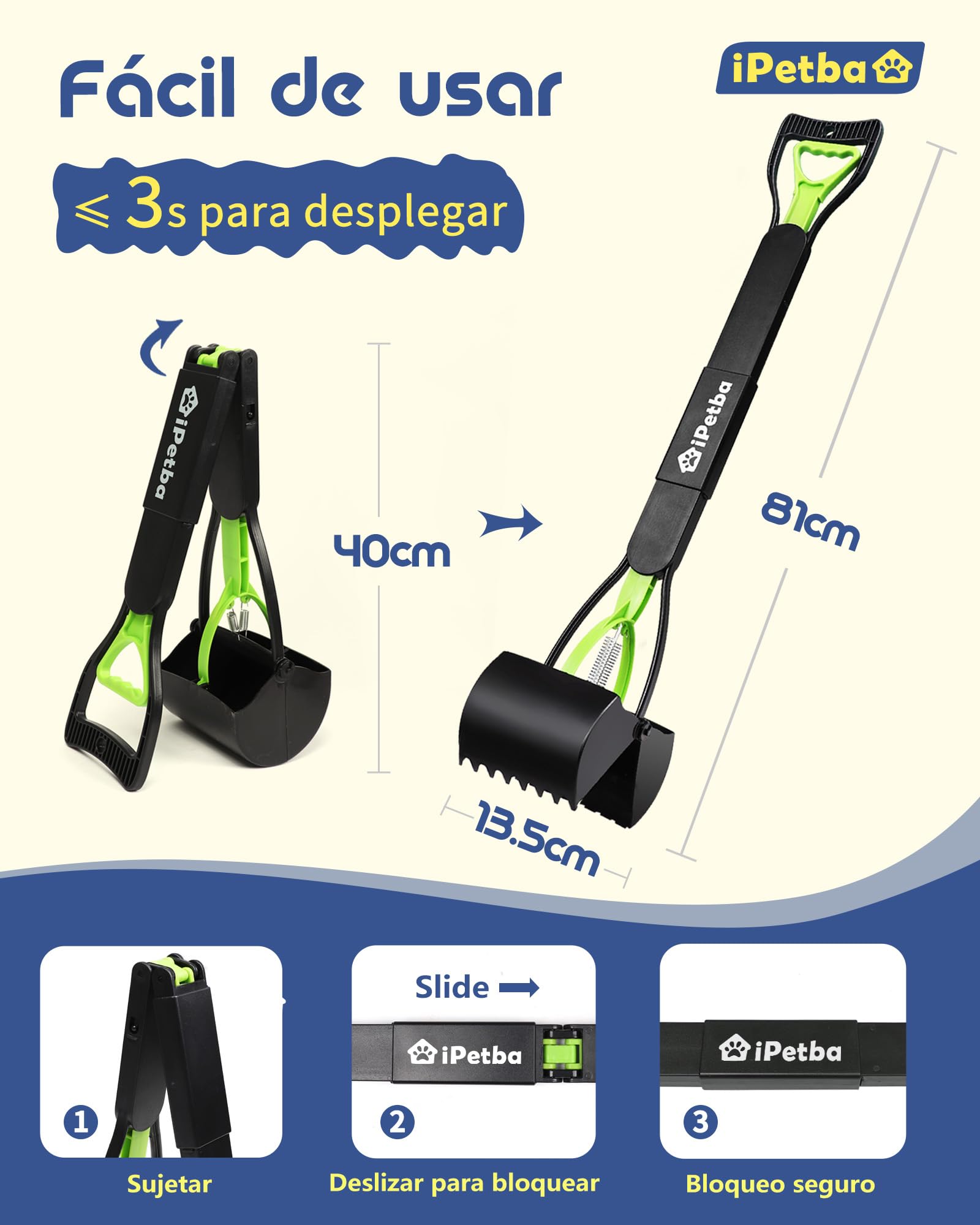 80cm Recoge Cacas de Perros Mango Largo Sin Necesidad de Agacharse Recogedor Plegable Dog Pooper Scooper para Grava, Tierra, Césped