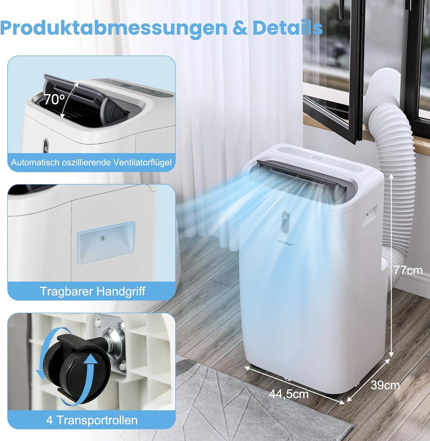 FANTASK 16000BTU mobile Klimaanlage mit Abluftschlauch, 5 in 1 Klimagerät 4700W Heizlüfter Luftentfeuchter mit Schlafmodus