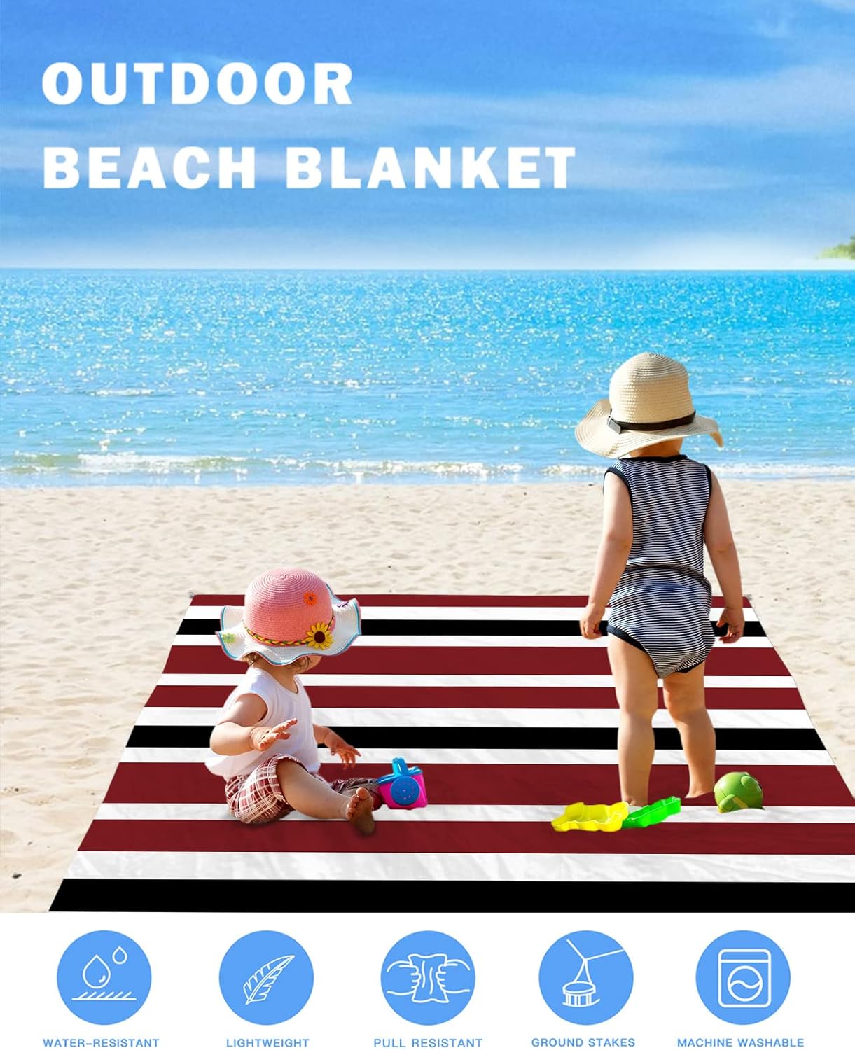 Vintage Burgundy Red Black White Stripes Beach Blanket Waterproof Sandproof Outdoor Picnic Mat 83"x79" Minimalist Line Lightweight Large Beaach Blankets with 4 Stake & 4 Corner Pockets