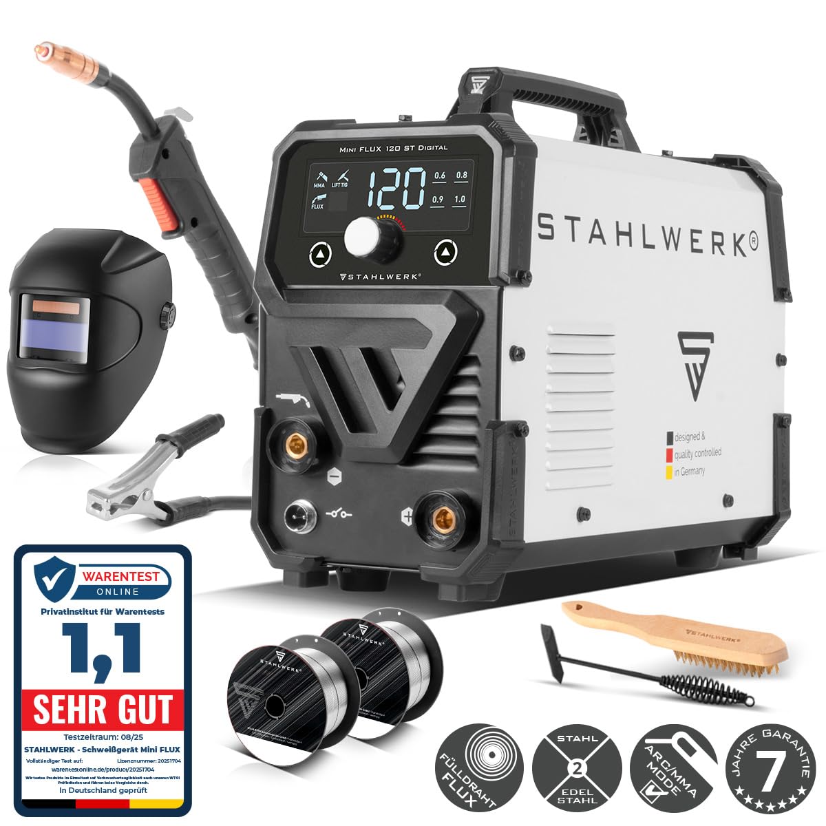 STAHLWERK Schweißgerät Mini FLUX 120 ST Digital – Vollausstattung – Fülldrahtschweißen (FLUX) ohne Schutzgas bis 120 A, synergischer Drahtvorschub, LED-Licht, Lift-TIG- & MMA-Funktion (E-Hand/ARC)