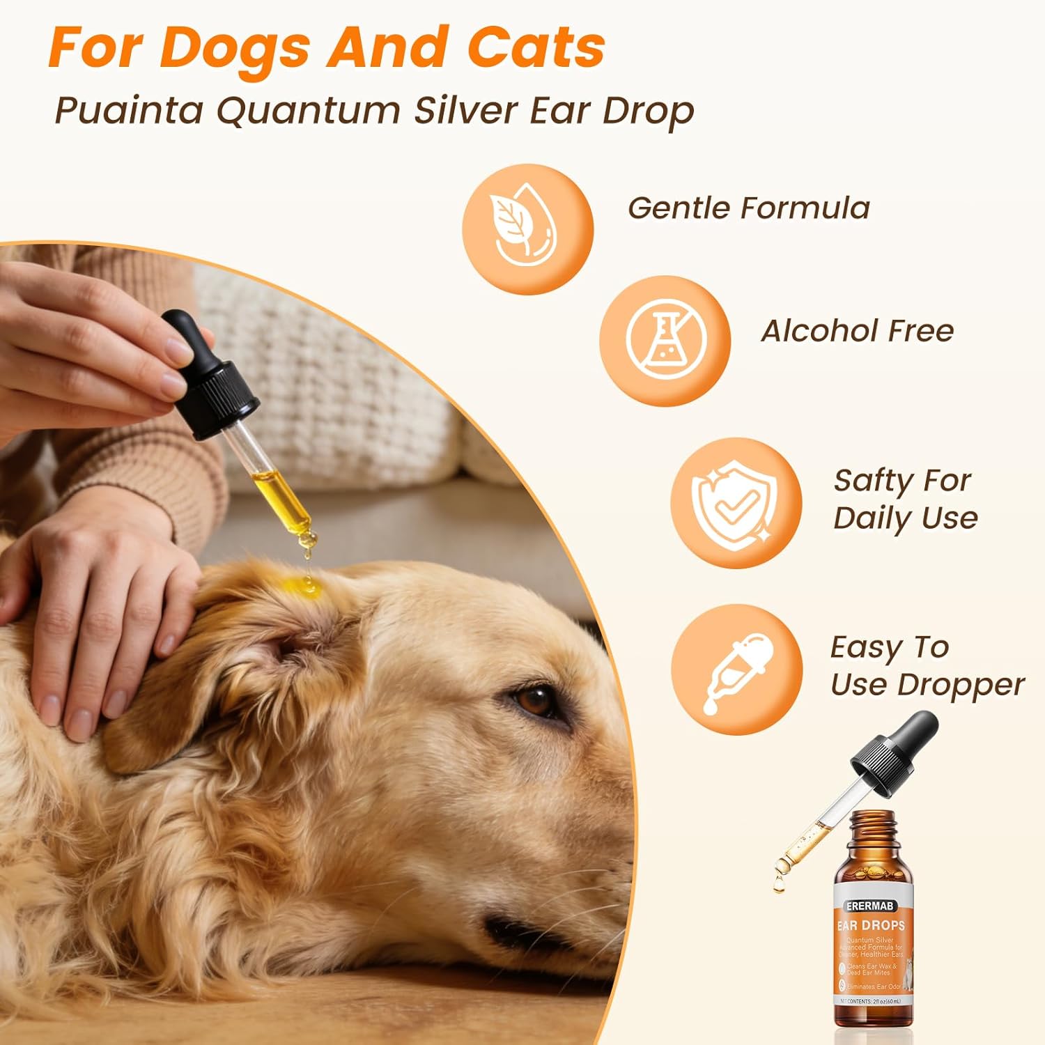4 Pack Dog Ear Drops, Dog Ear Cleaner Drops, Ear Infection Treatment for Dogs and Cats, Natural Herbal Ear Cleaning Solution for Dirty,Itchy,Smelly,Inflammed Pet Ears, 2 oz with Dropper