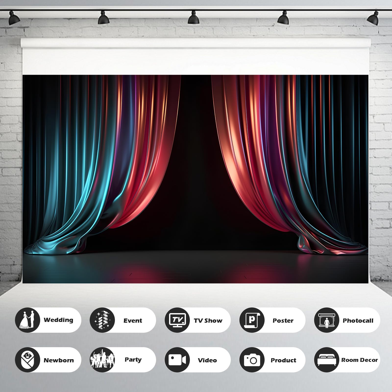 7x5ft Theater Stage Interior Backdrop Red Curtains Golden Stage Lights Photography Background Festival Celebration Wedding Hall Birthday Party Children Adults Portraits Photo Studio Props Vinyl 5 thumbnail image