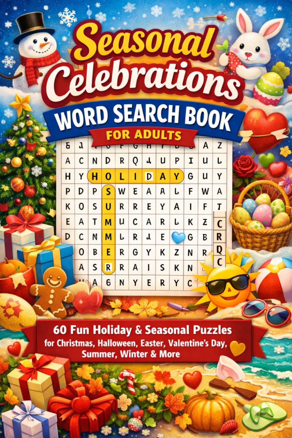 Seasonal Celebrations Word Search Book for Adults: 60 Fun Holiday & Seasonal Puzzles for Christmas, Halloween, Easter, Valentine’s Day, Summer, Winter & More