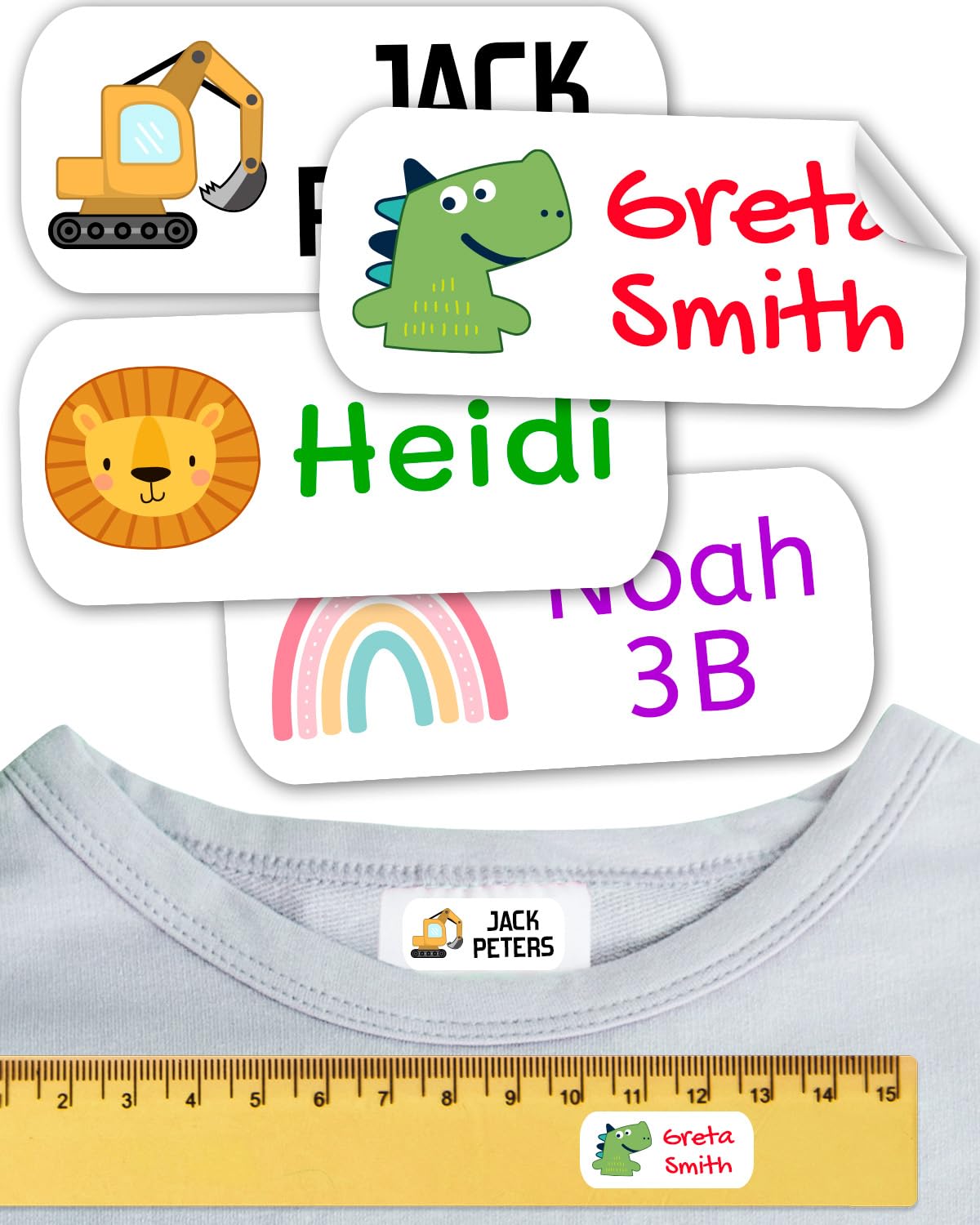 Etiquetas para ropa SIN PLANCHAR resistentes a los lavados. Pegatinas personalizadas para material escolar. Etiquetas Adhesivas para niños, guardería y colegios. (Blanco, 100 Etiquetas)