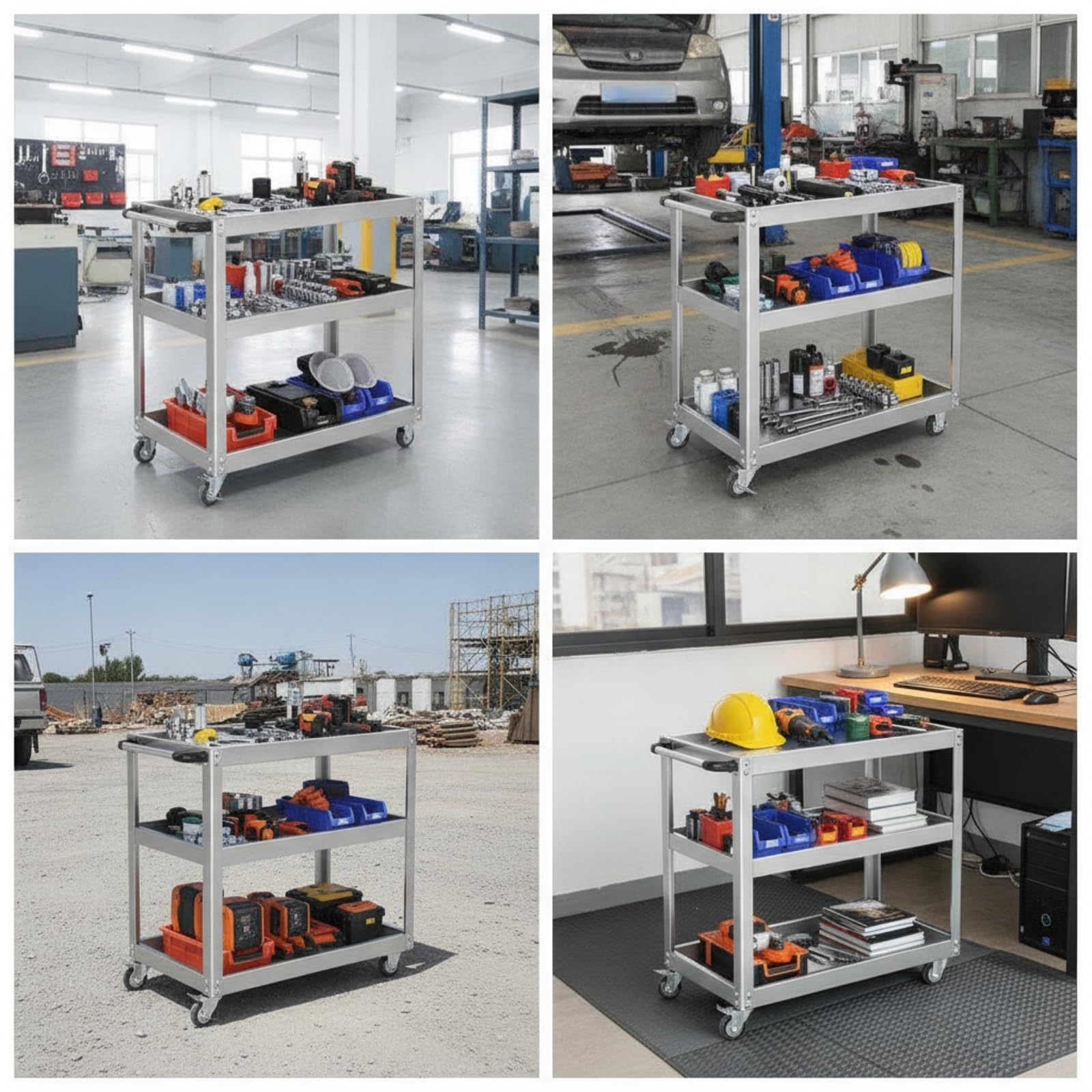 Carrello Portaelementi in Acciaio Inox con Ripiani a Vassoio E Telaio Rettangolare Aperto per Riporre Viti E Utensili in Officina Meccanica E Ambiente Artigianale, 80 48 90cm, style to 3