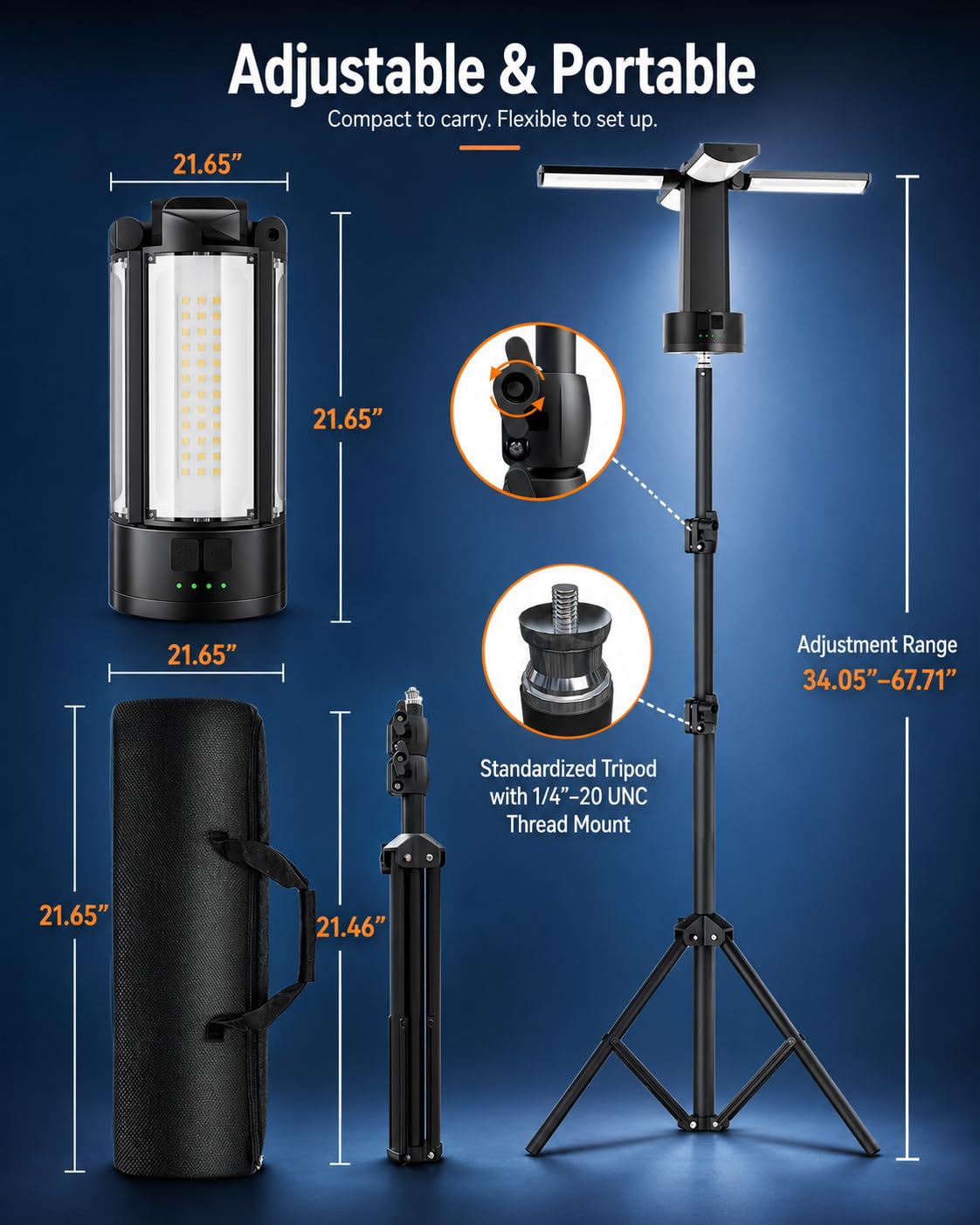 Lampes de camping rechargeables 10 400 mAh avec support, lampe de travail portable 6000 K avec 4 têtes de lampe LED, lampe de travail magnétique pour le travail en plein air, le garage, le