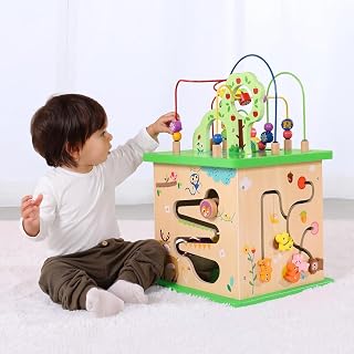 TOOKYLAND 5-in-1 Wooden Activity Cube for Toddlers - 23x13x13 Large Play Center with Shape Sorter, Bead Maze, Animals