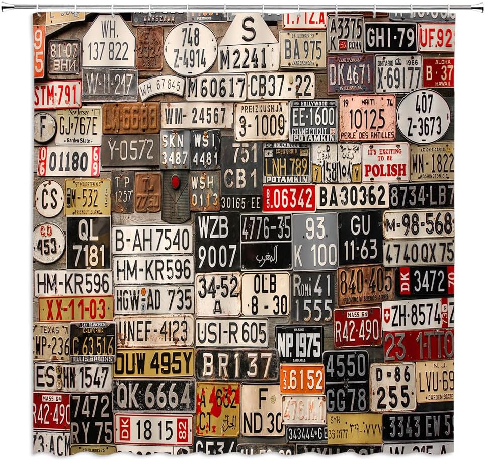 Car License Plates Shower Curtain, Old Retro American Garage, 70 X 70 Inch