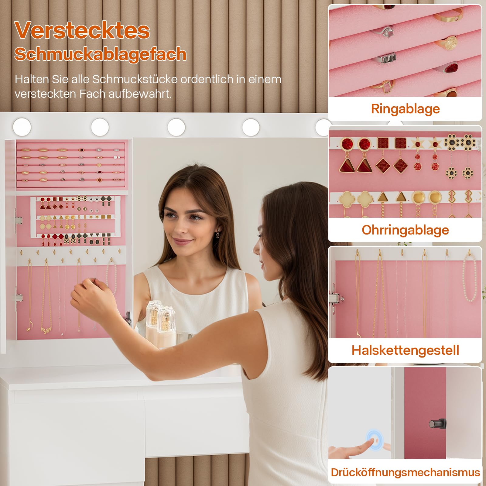 TRIUMPHKEY Kaptafel met Groot Spiegels en Led Verlichting, Instelbare Helderheid, Make Up Tafel Met 7 laden Stopcontact Sieradenkast, Make Up Tafel Voor de Slaapkamer, 120 x 40 x 140 cm, Wit