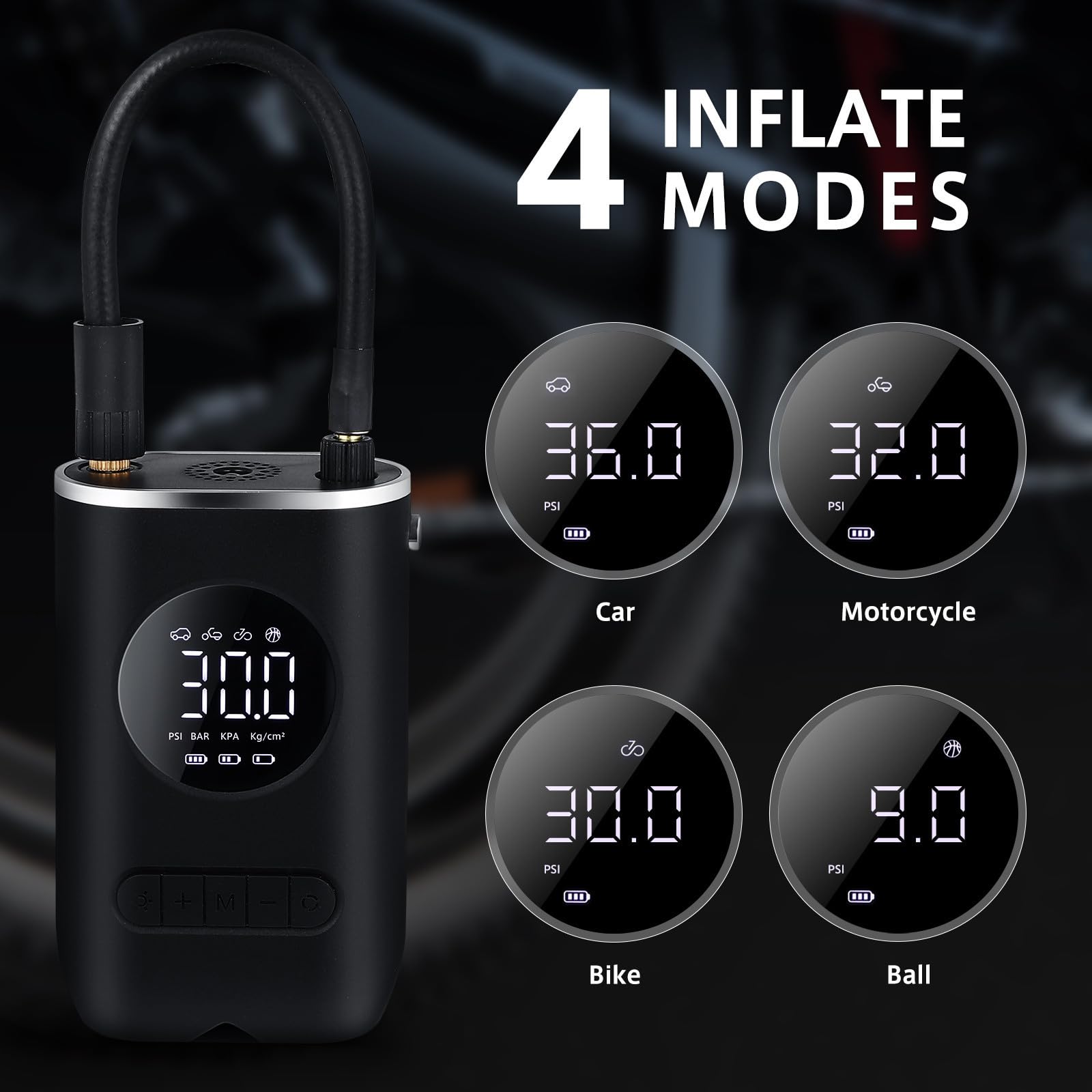 ORFOFE Inflador de Neumáticos Portátil para Automóvil y Motocicleta 70w | 4000mah, 7.4v, Negro, Abs Componentes Electrónicos, Led, Boquillas Incluidas y Cable de Alimentación