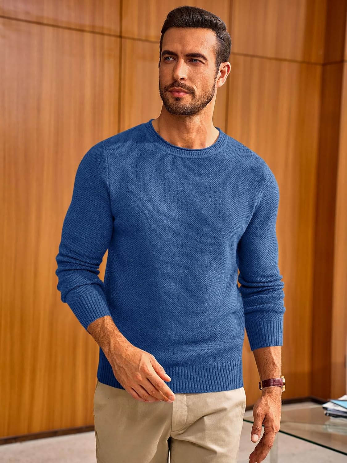 Runcati Mens Crewneck Sweater Casual Textured Knitted Thermal Pullover Sweaters - Image 2