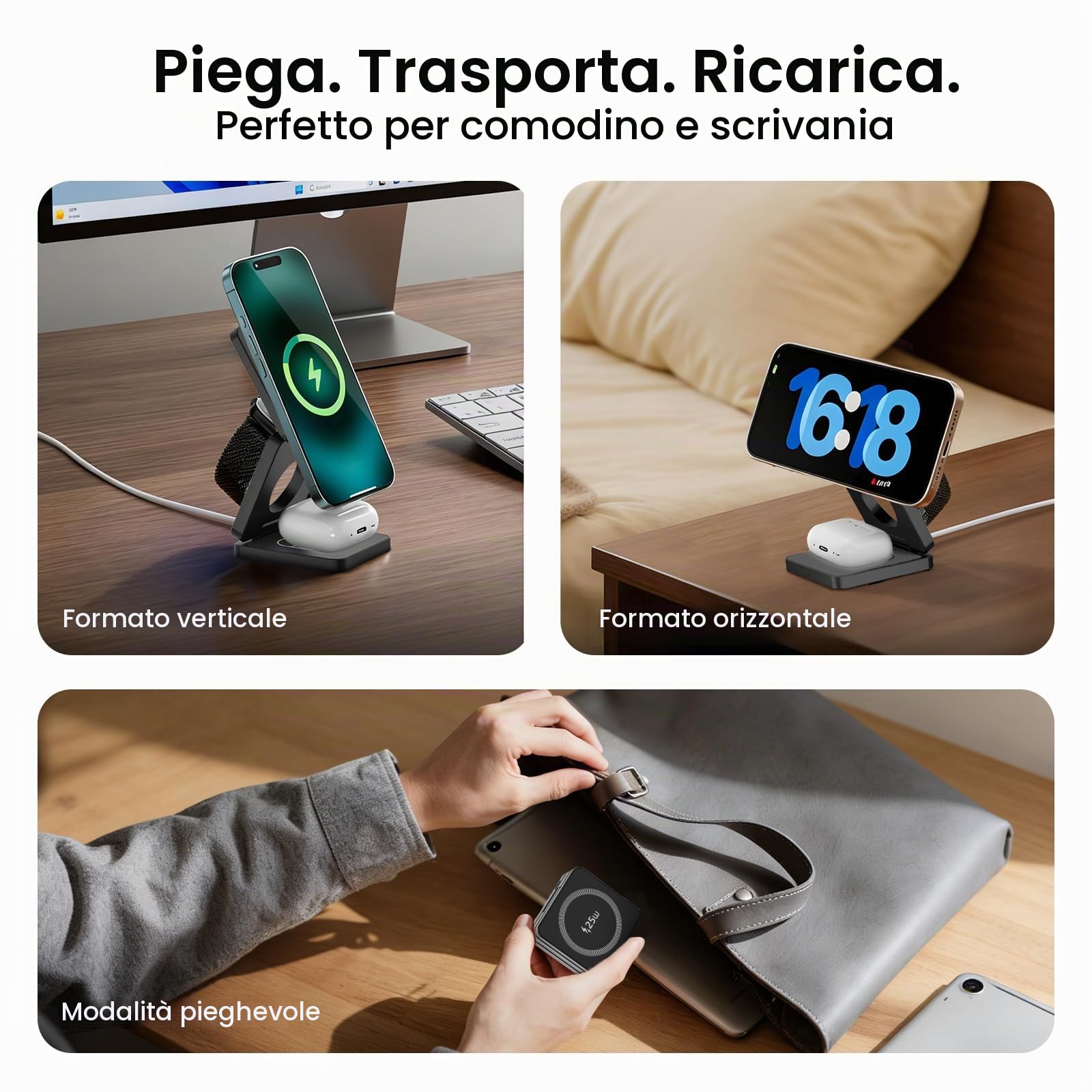 Caricatore Wireless MagSafe 3 in 1 da 25W, stazione di ricarica magnetica per iPhone 12–17, Apple Watch e AirPods, caricatore a induzione Qi con USB-C, supporto pieghevole per casa e ufficio,nero