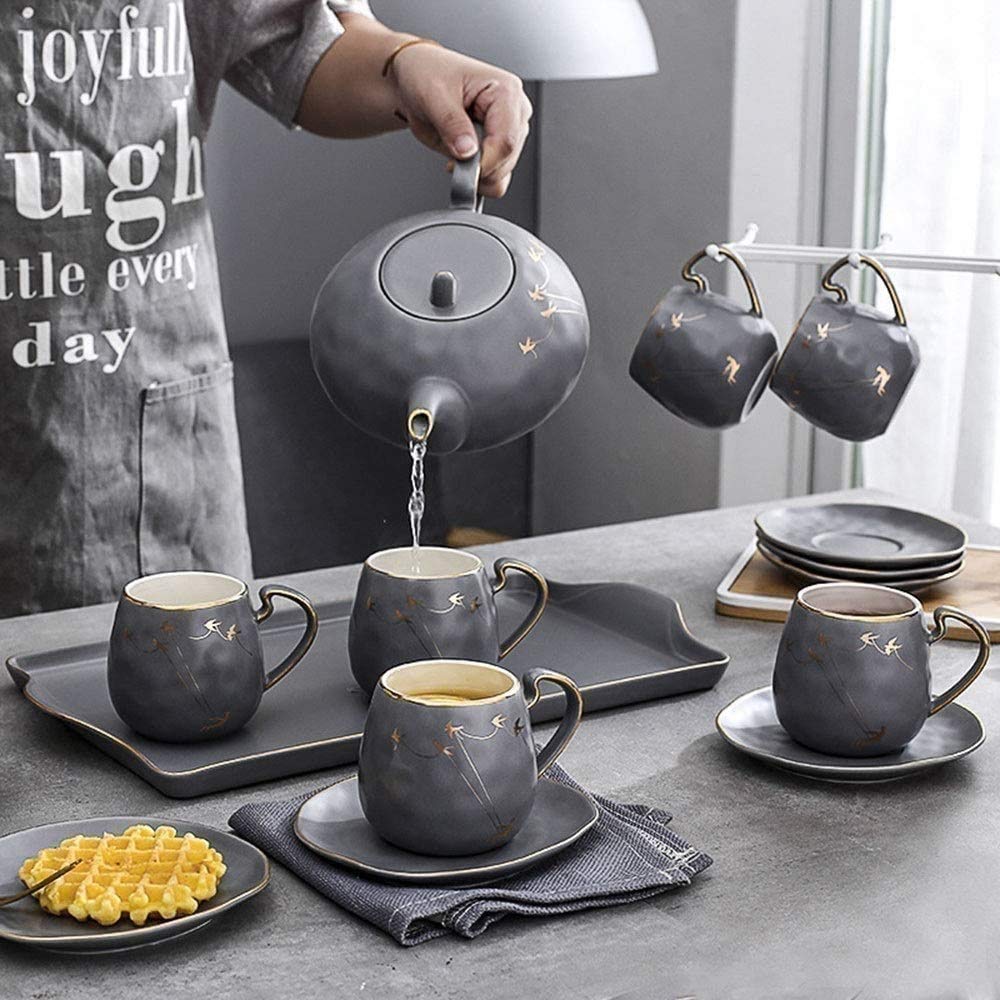 Tazas de té y platillos, 15 Piezas, Tazas de platillos para 6, Tazas de café, Conjunto de Tazas de té, Tazas de té, Conjunto de té de Porcelana, Conjuntos de té para Mujeres, Latte Tazas