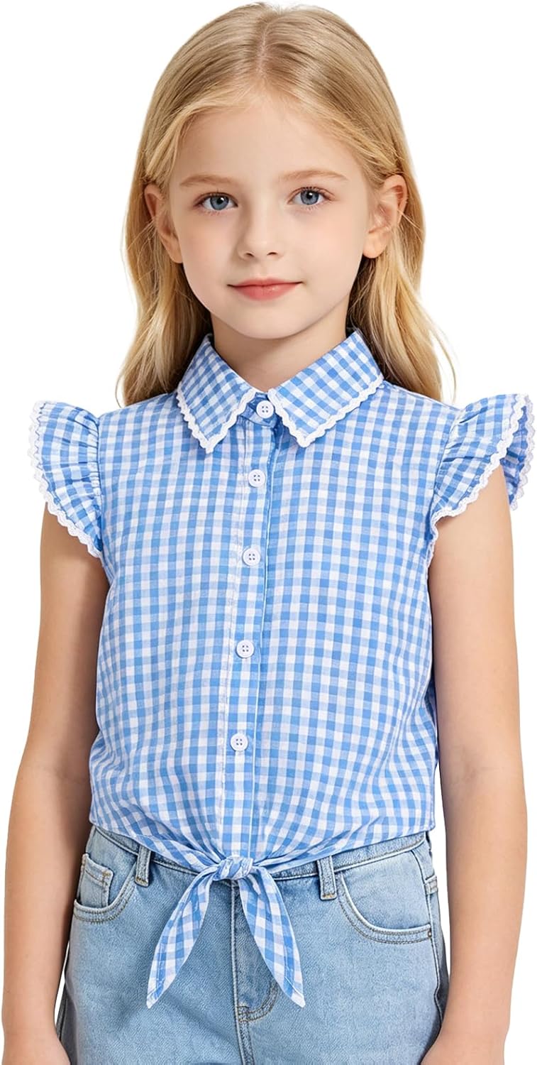 Western Cowgirls Outfit Girls Sleeveless Ruffle Trim Button Down Plaid Shirt Tie Front Blouse Tops