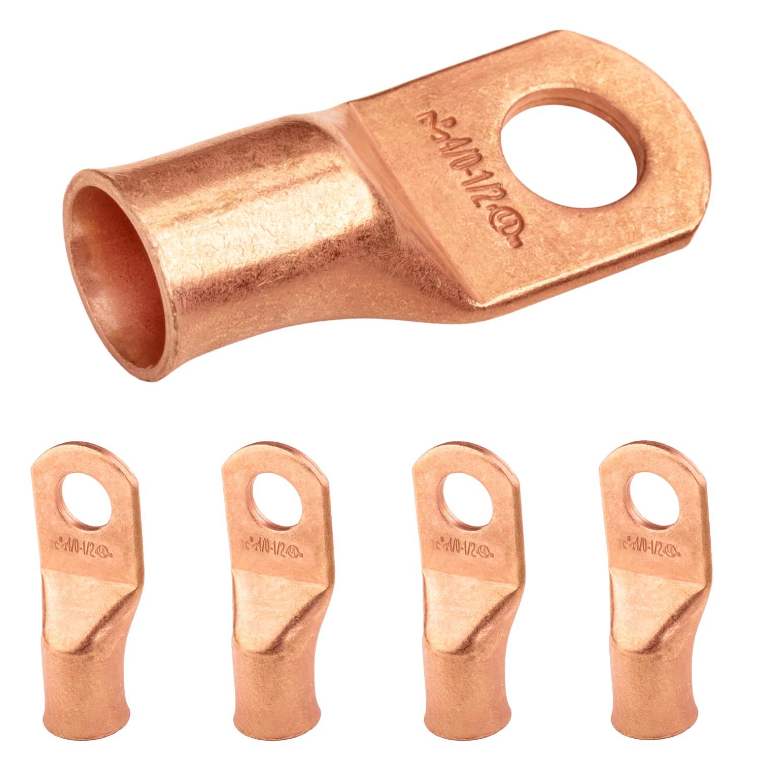 SELTERM 5pcs 4/0 AWG 1/2" Stud Copper Wire Lugs, Ring Terminals, Battery Cable Ends, 0000 Gauge Ring Terminal Connectors, UL Heavy Duty Bare Copper