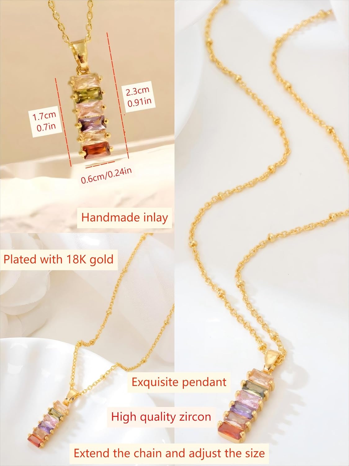 Colorful Zircon Pendant Necklace - 18K Gold Plated Rainbow Crystal Geometric Square Necklace for Women - Trendy Dainty Bright Multicolour Gemstone Bar Necklace Golden - Image 5