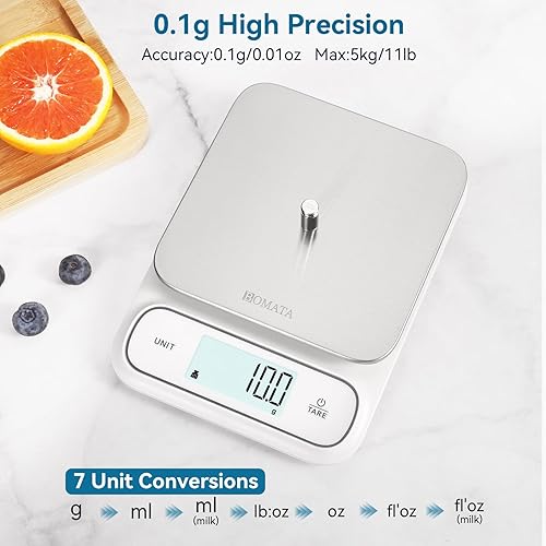 Miniatura 2 de BOMATA Báscula de cocina impermeable IPX6, 0.1 g0.01 oz de alta precisión, 11.0 lbs11 libras, báscula digital con luz de fondo, plataforma de pesaje
