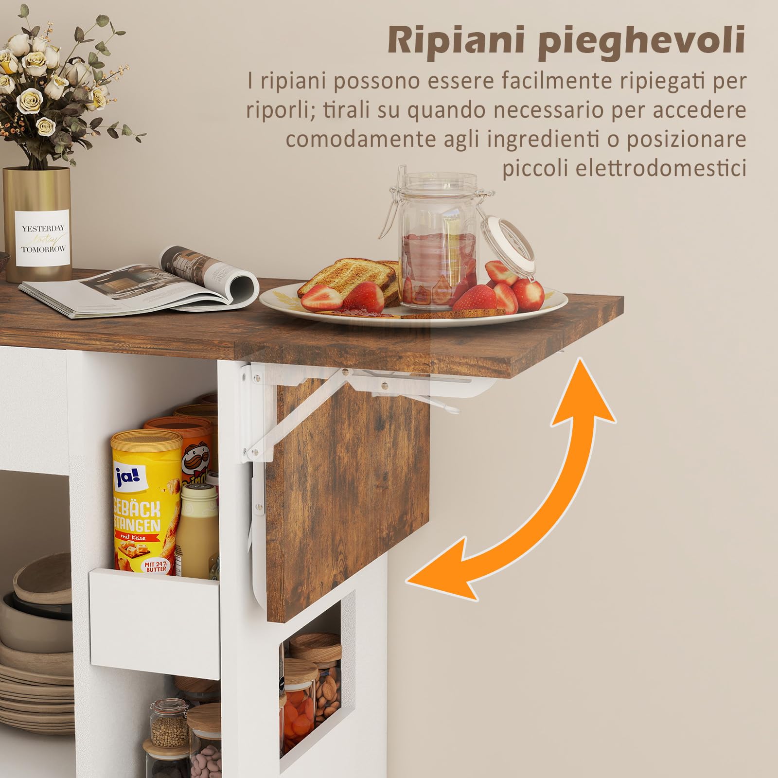 YU YUSING Isola Cucina con Piano Ribaltabile, Carrello da Cucina Salvaspazio con 4 Ruote, Mobile Cucina con 4 Ripiani, Mobile Microonde, Credenza Cucina, Manico in Ferro, Cassetto, 104x40x89cm, Bianco