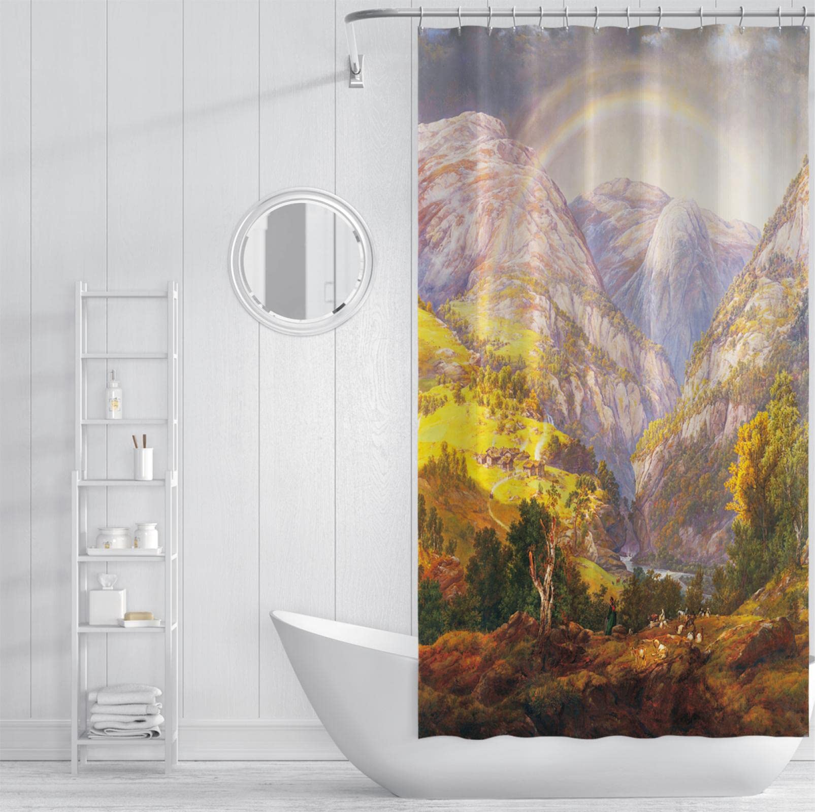 Berg Stoff Duschvorhang, Natur See Kiefern Wald Landschaft Tuch Duschvorhang Liner waschbar, Duschvorhang Haken 220Wx180Lcm