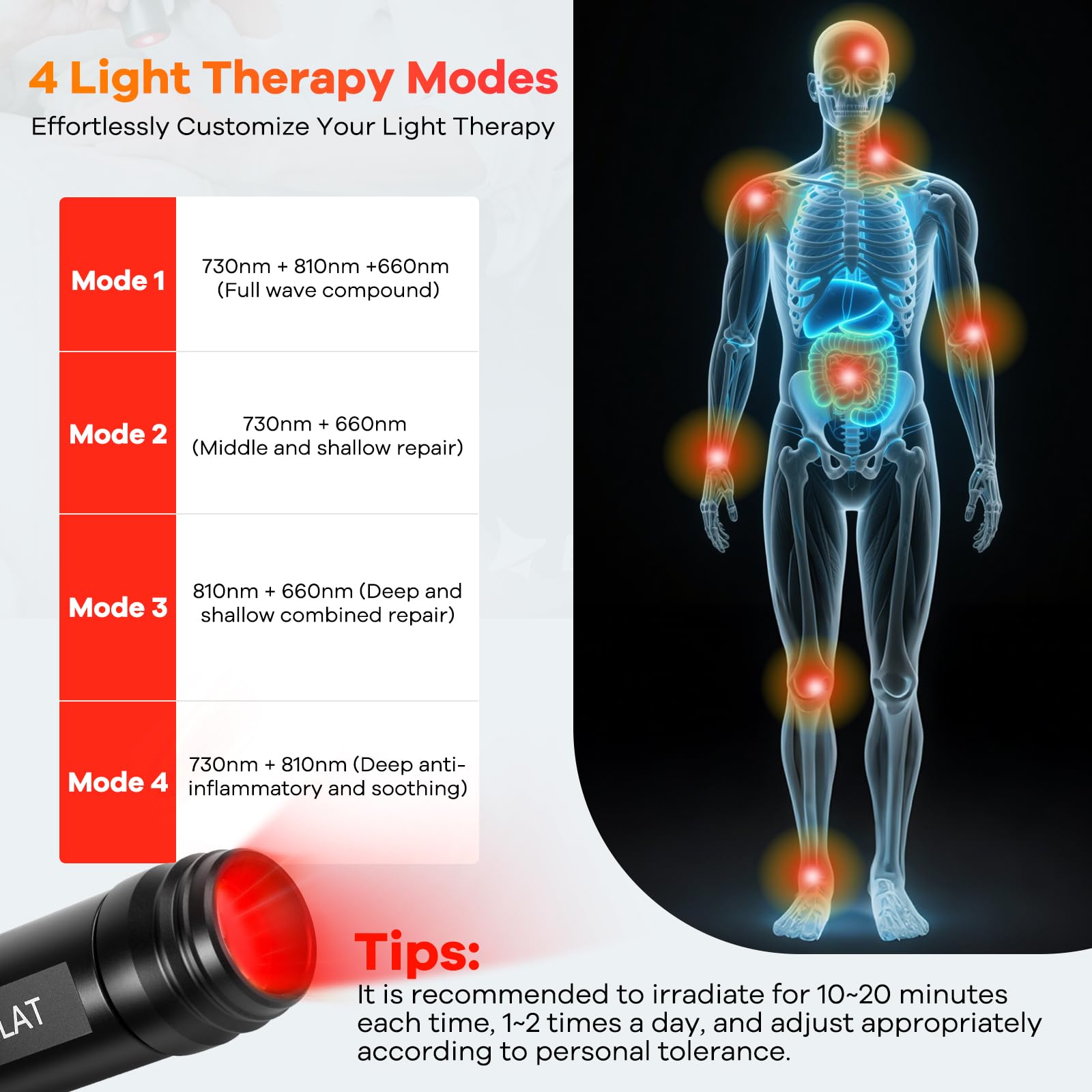 AFFLAT Red Light Therapy Flashlight for Pain Relief – Portable Infrared & Near Infrared Light Therapy Device for Joint, Muscle, Body & Face Inflammation, 3 Wavelengths, 4 Professional Combinations