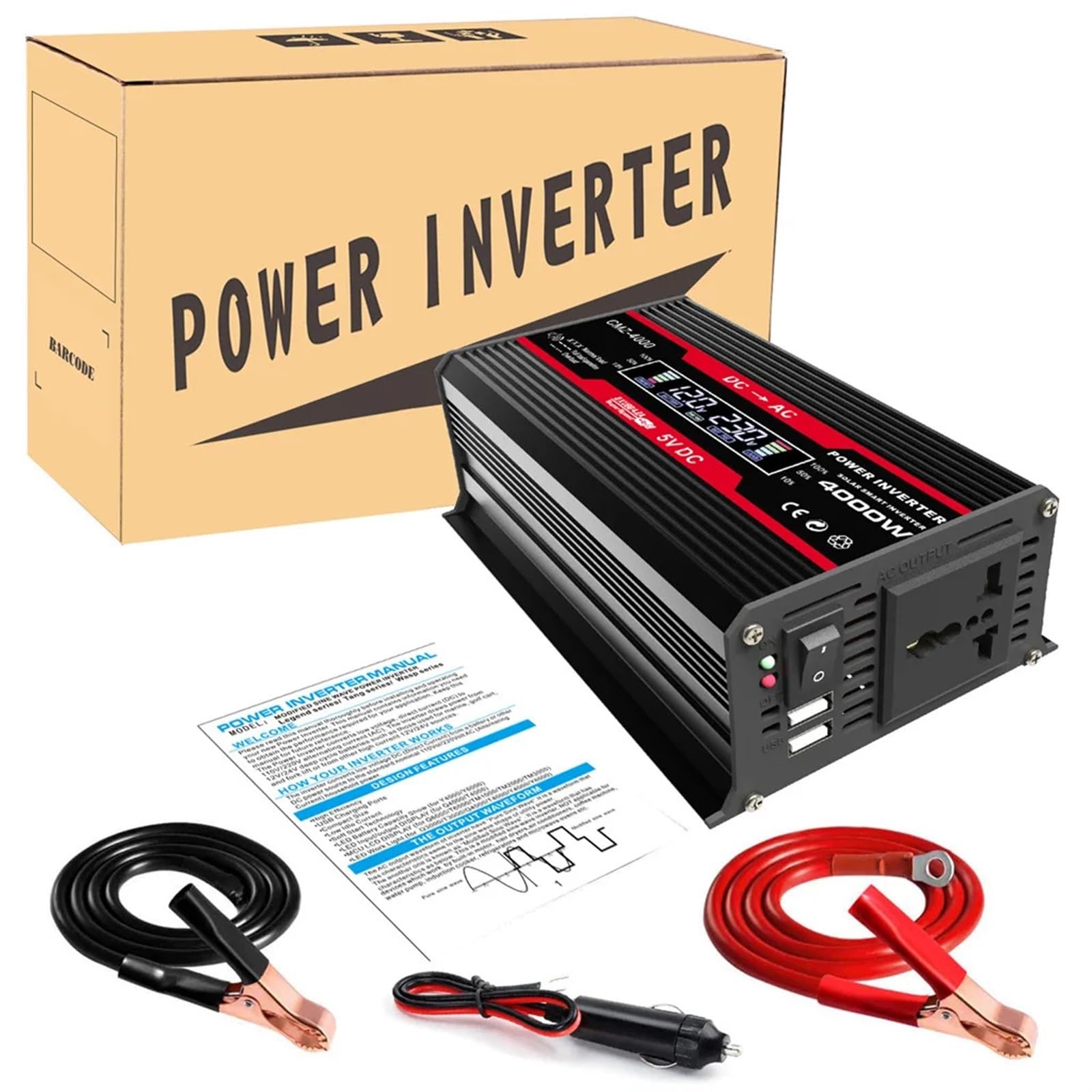 Inverter di Potenza, Inverter a onda sinusoidale modificata 300 W di potenza da CC 12 V a CA 50/60 Hz convertitore inverter solare for auto con LED dis